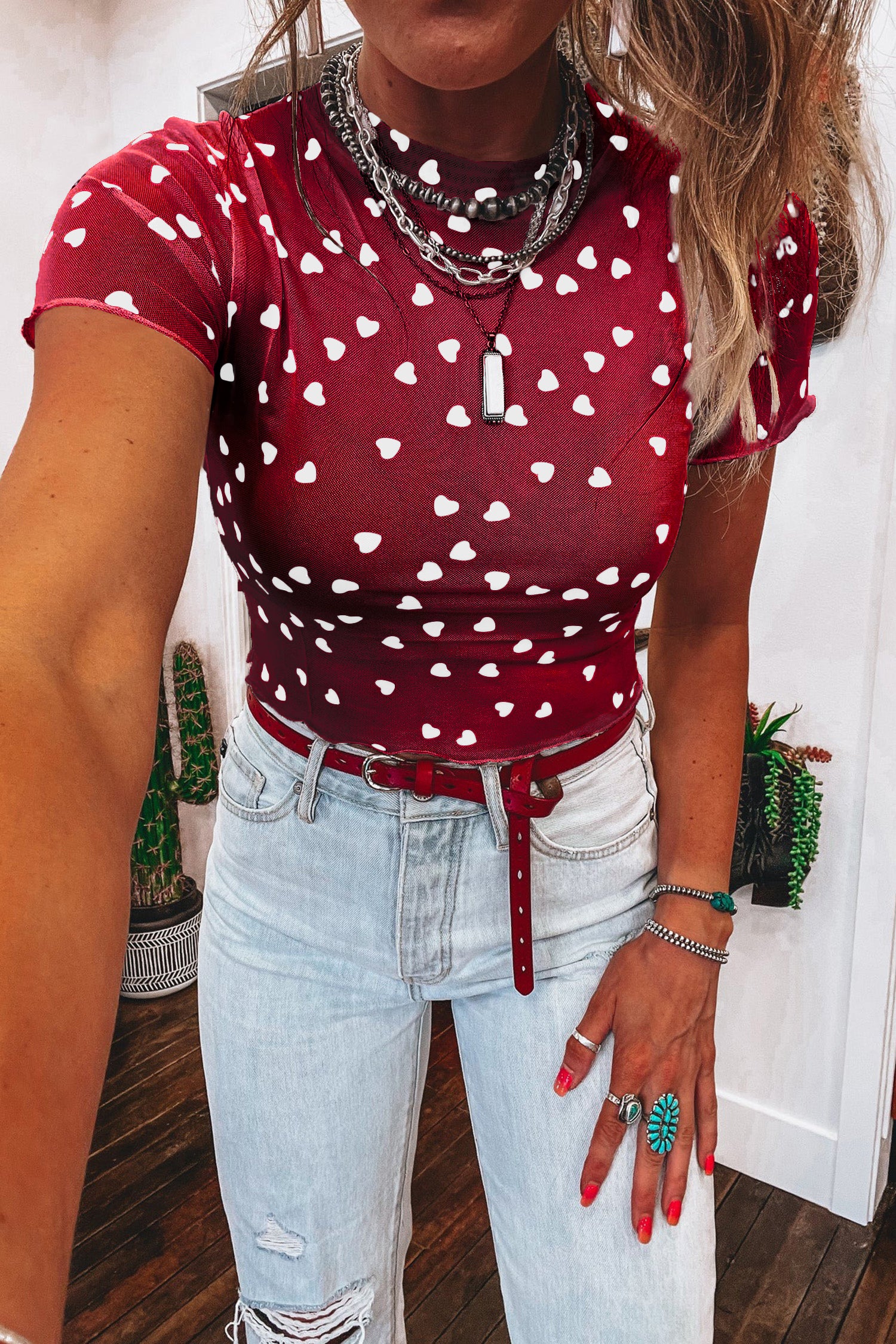 Heart Print Mesh Short Sleeve Cropped Top - Tops/Tops & Tees