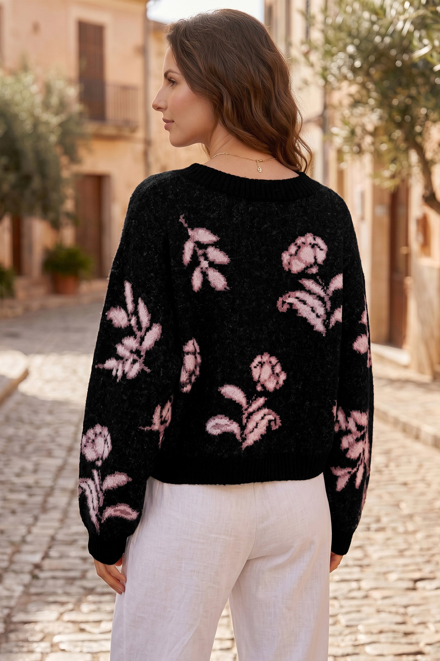 Floral Pattern Puff Sleeve Dropped Shoulder Pullover Sweater – Black