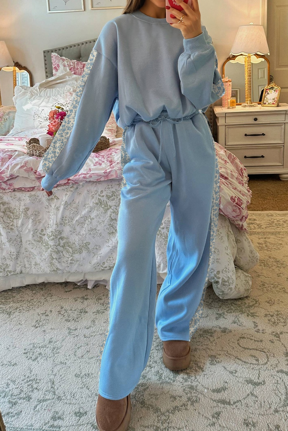Floral Patchwork Drop Shoulder Pullover and Sweatpants Lounge Set - eAura