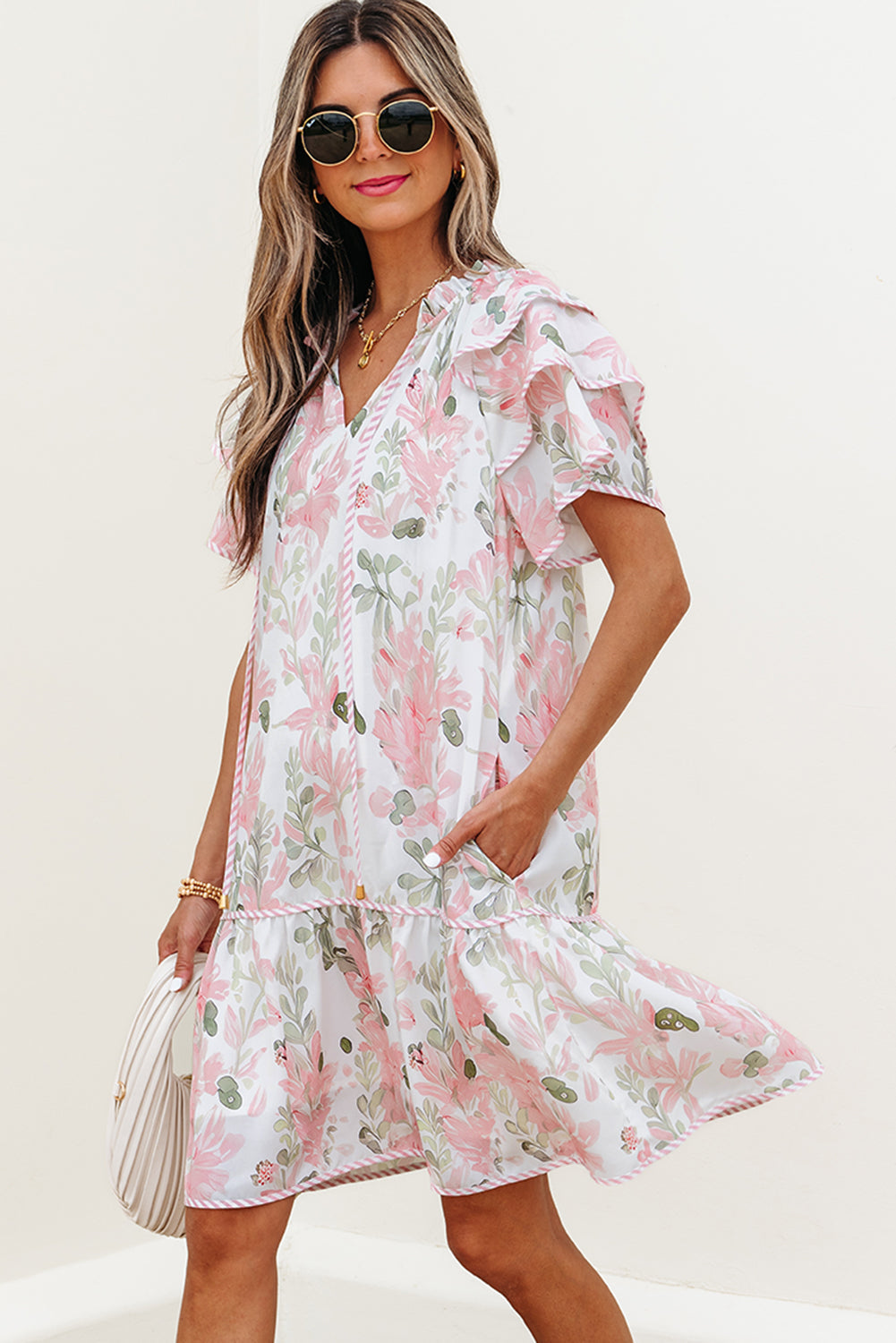 Floral Contrast Edge Layered Short Sleeve Mini Dress eAura