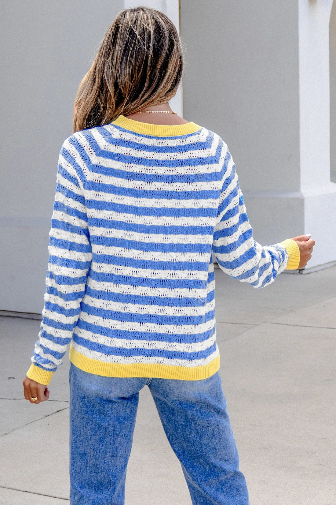 Striped Colourblock Button Front Long Sleeve Loose Fit Knit Cardigan – Sky Blue Stripe