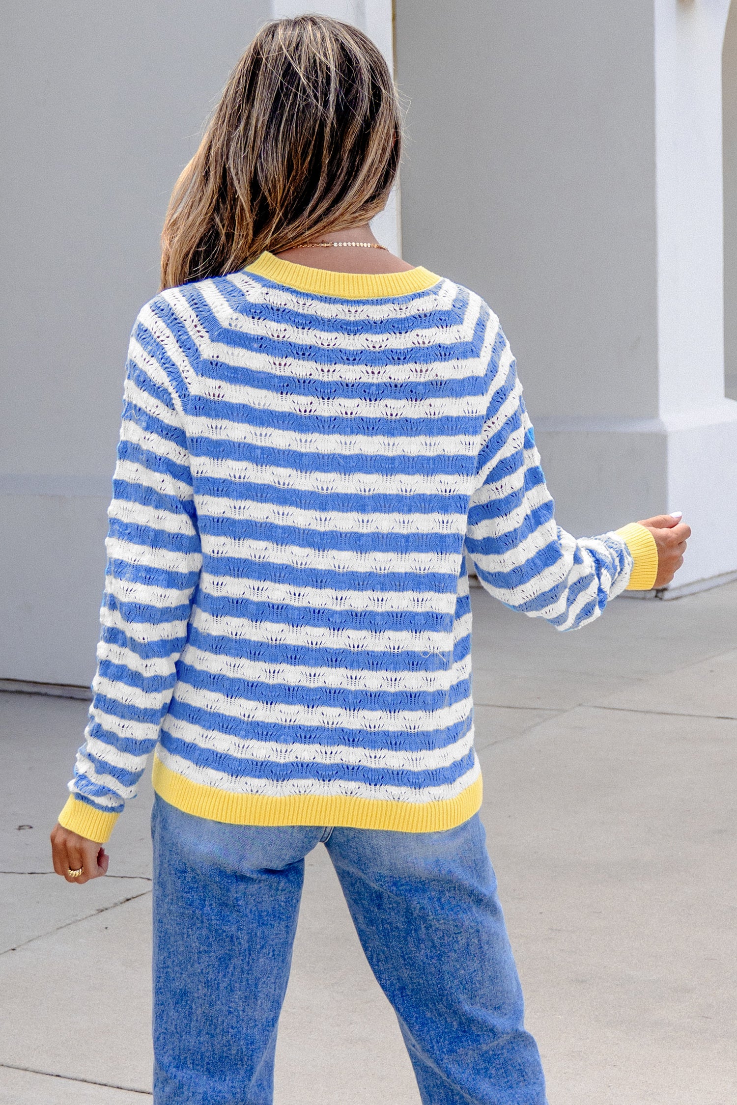 Striped Colorblock Button Front Long Sleeve Loose Fit Knit Cardigan – Sky Blue Stripe