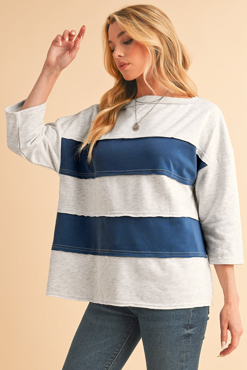 Striped Patchwork 3/4 Sleeves Raw Edge Sweatshirt - eAura