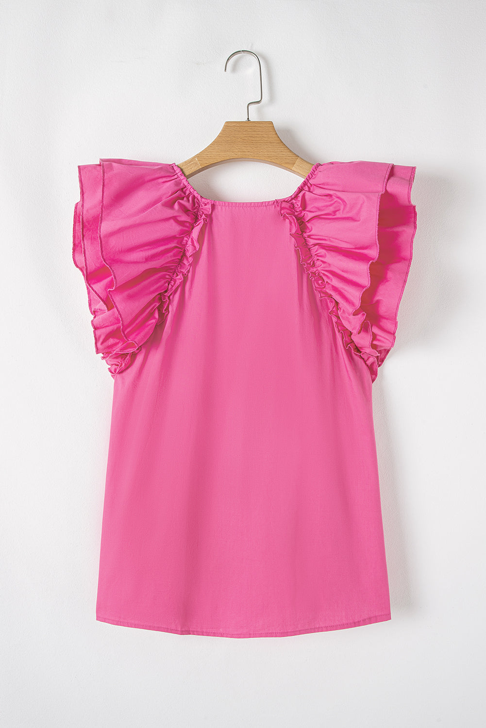 Sachet Pink Shirred Yoke Lace up V Neck Ruffled Sleeve Blouse eAura