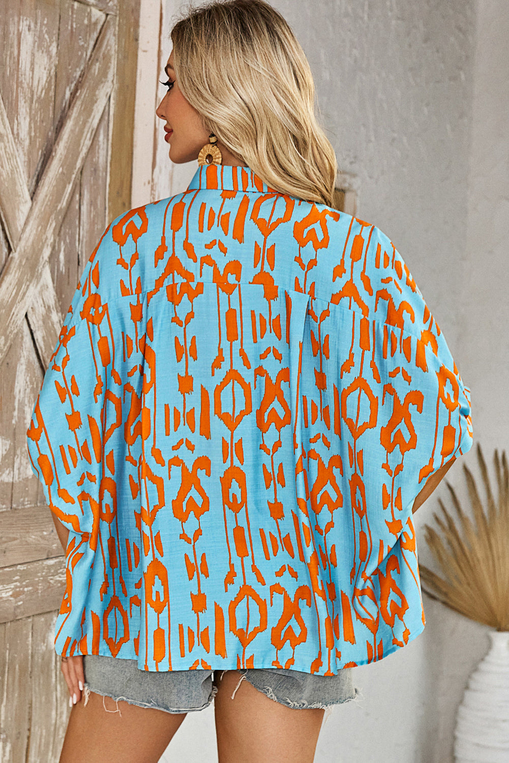 Sky Blue Abstract Print Dolman Short Sleeve Western Loose Shirt eAura