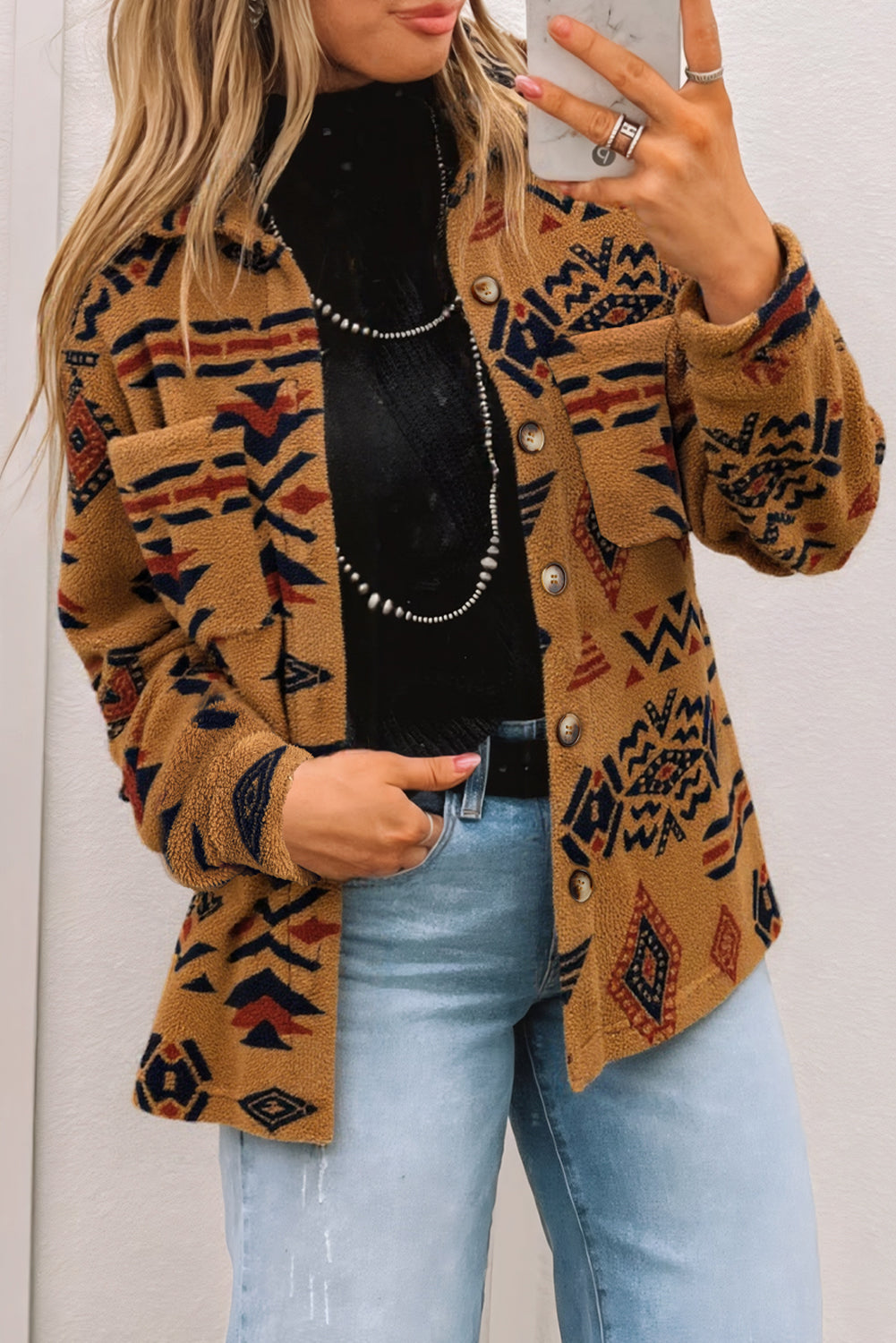 Western Aztec Pattern Fleece Shacket eAura