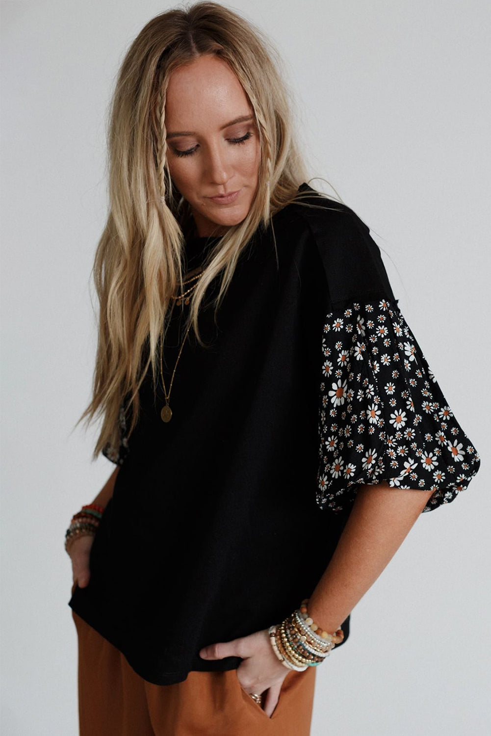Black Contrast Floral Puff Sleeve Oversized Top eAura