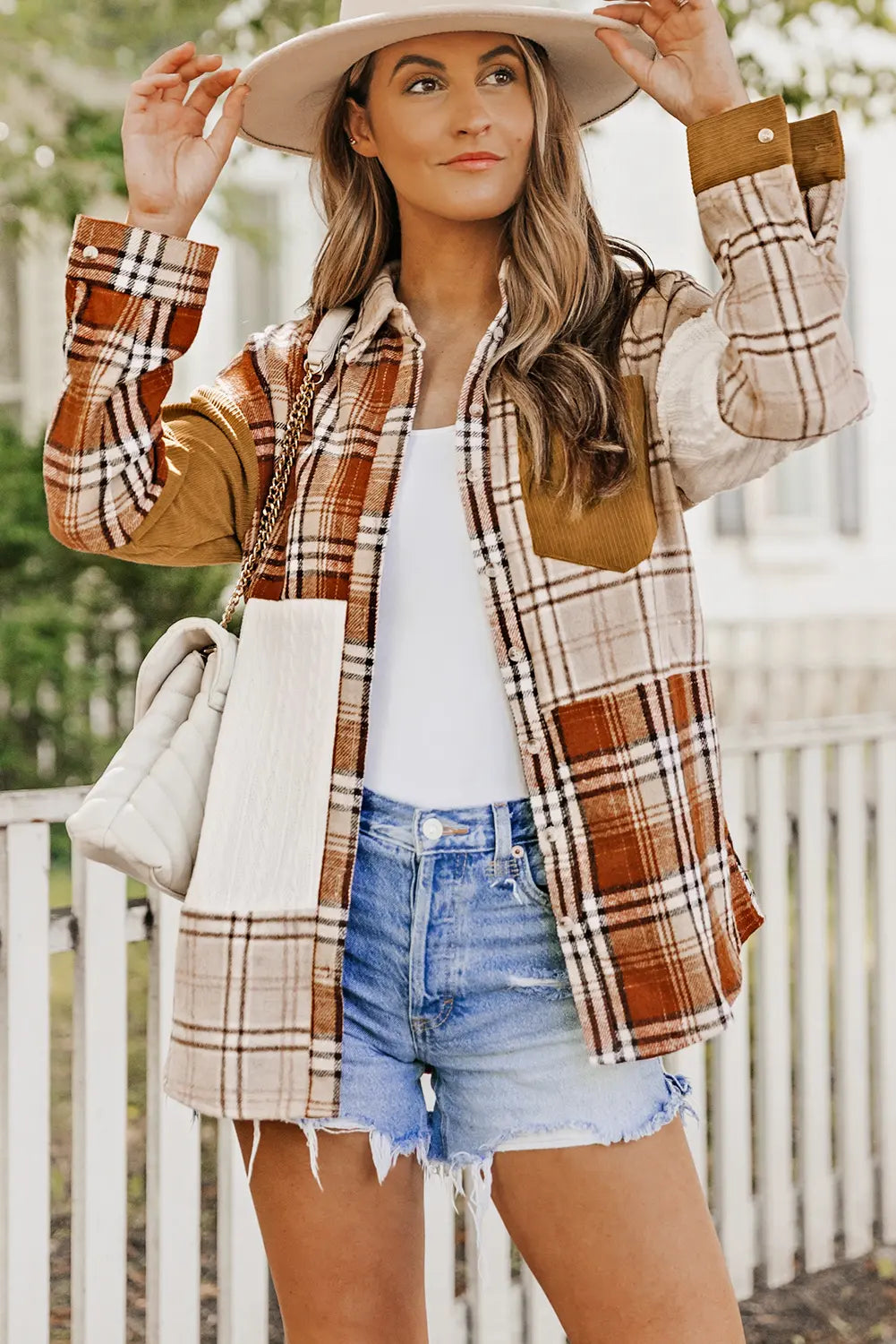 Orange Plaid Colour Block Patchwork Shirt Jacket with Pocket