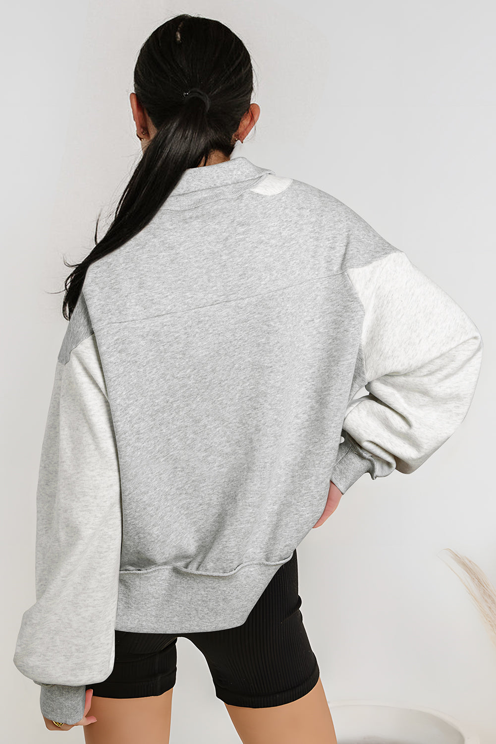 Grey Half Zipper Collared Drop Shoulder Side Slits Sweatshirt eAura