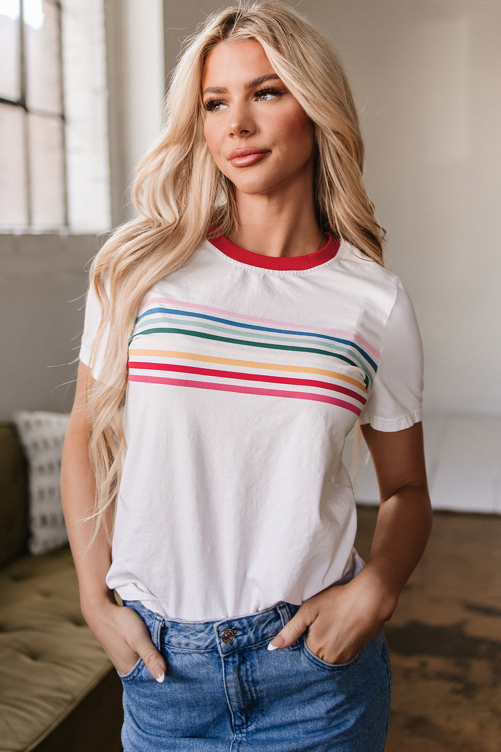 White Rainbow Stripe Print Contrast Crewneck T Shirt eAura