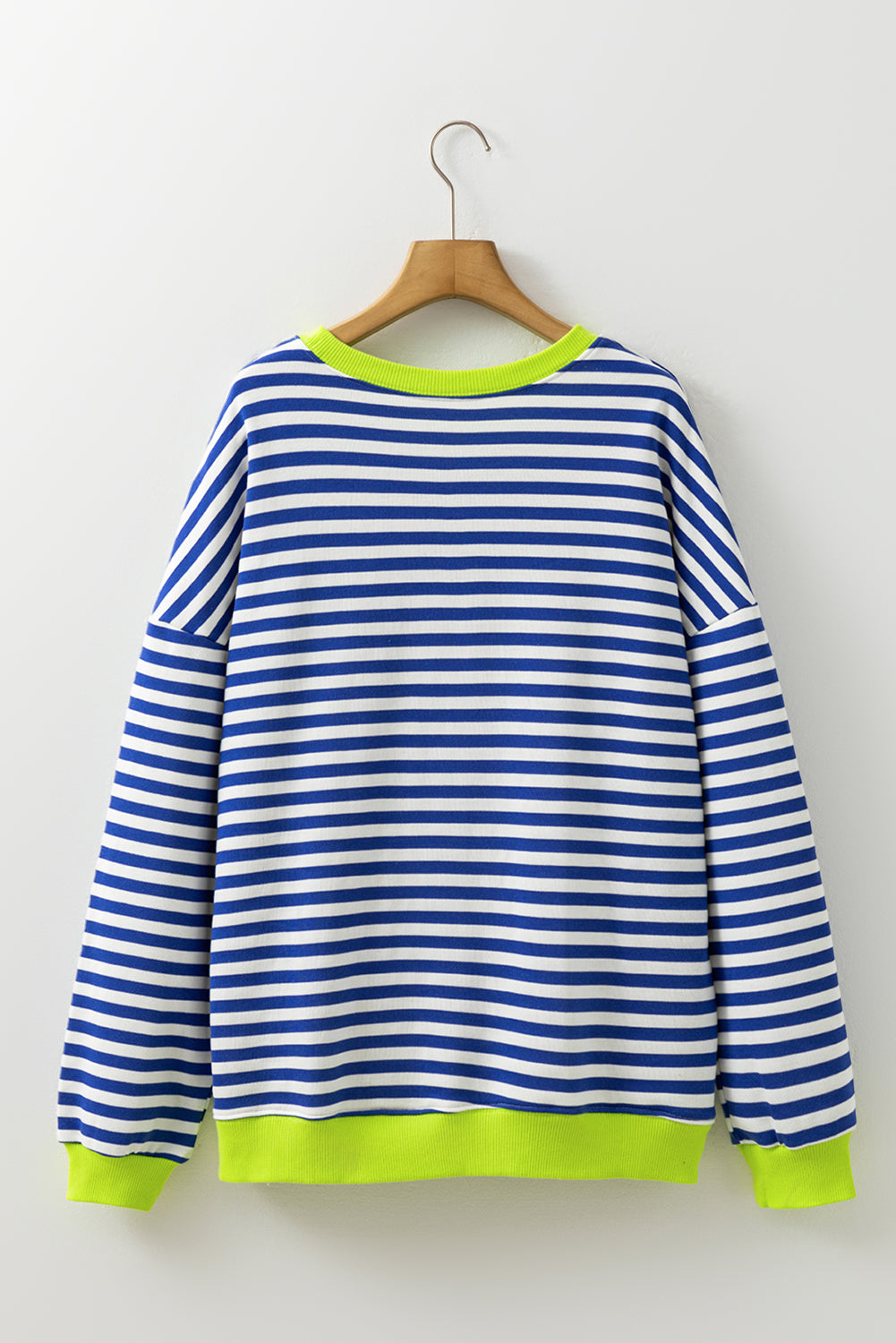 Striped Contrast Ribbed Trim Crossed Stitch Drop Shoulder Sweatshirt - eAura