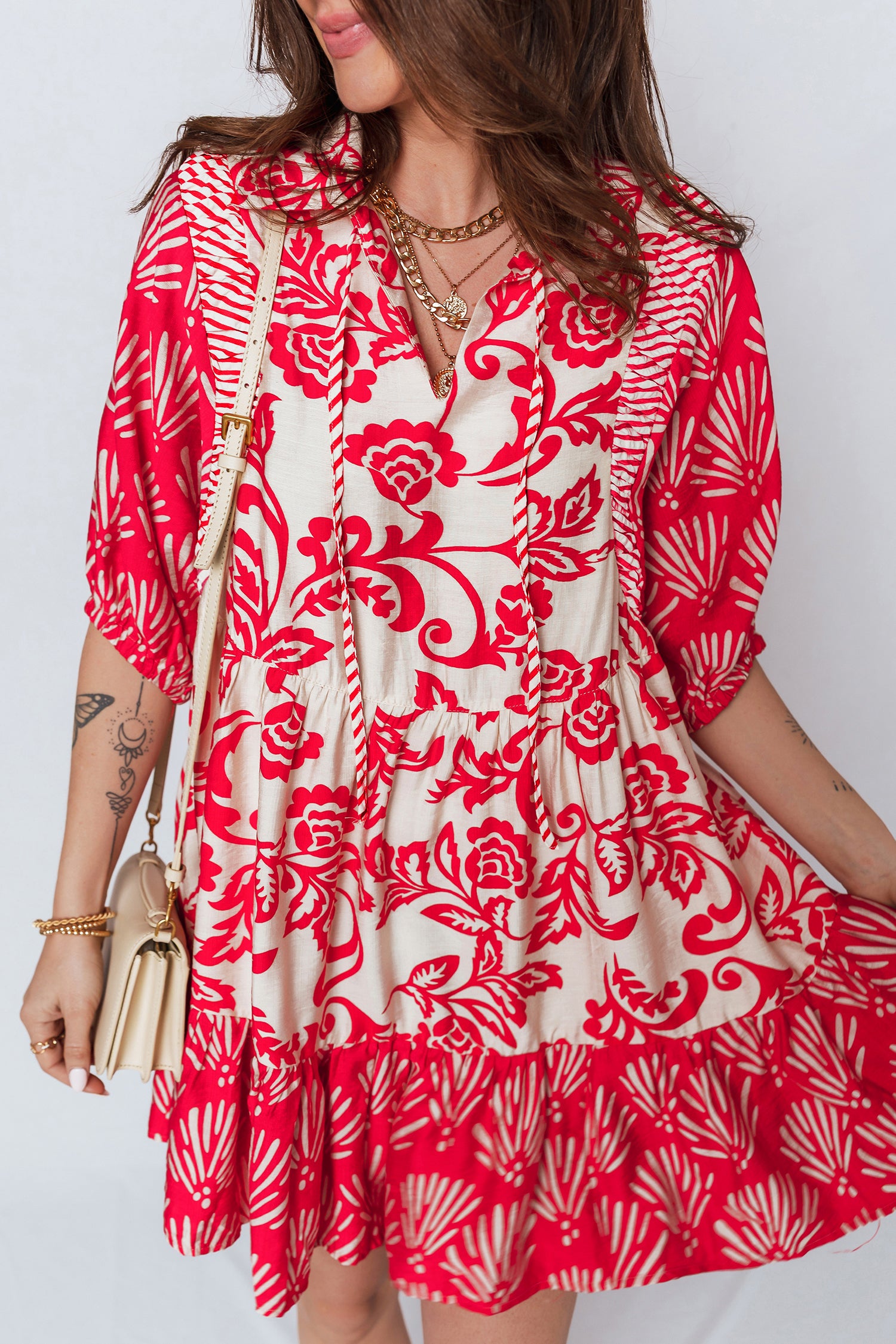 Collared V-Neck Half Sleeve Loose Floral Mini Dress