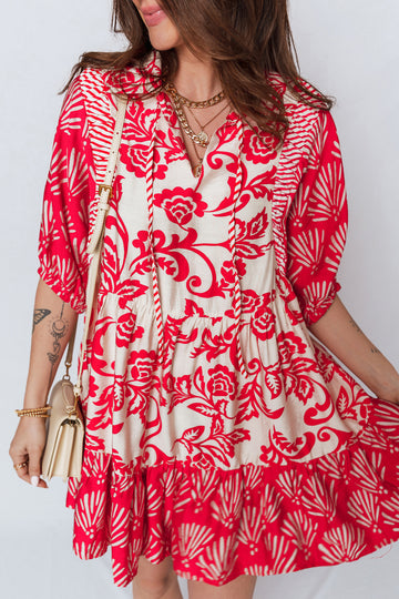 Collared V-Neck Half Sleeve Loose Floral Mini Dress