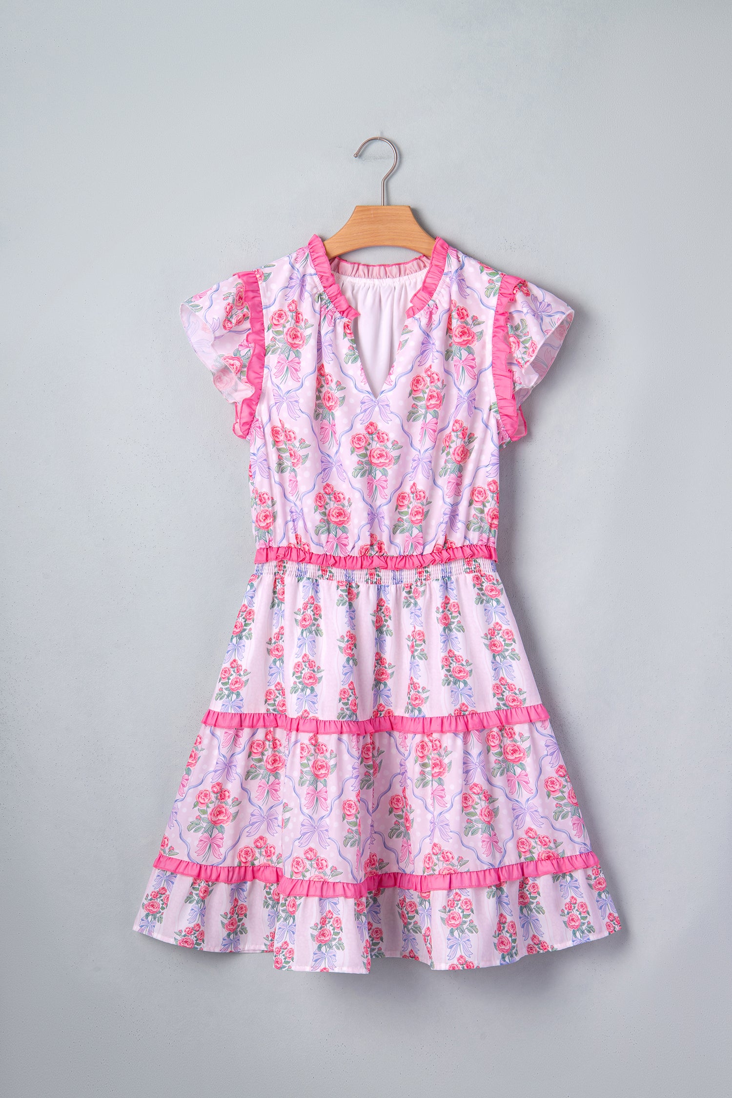 Tiered Ruffle Floral Print Shirred Waist Sleeveless Mini Dress