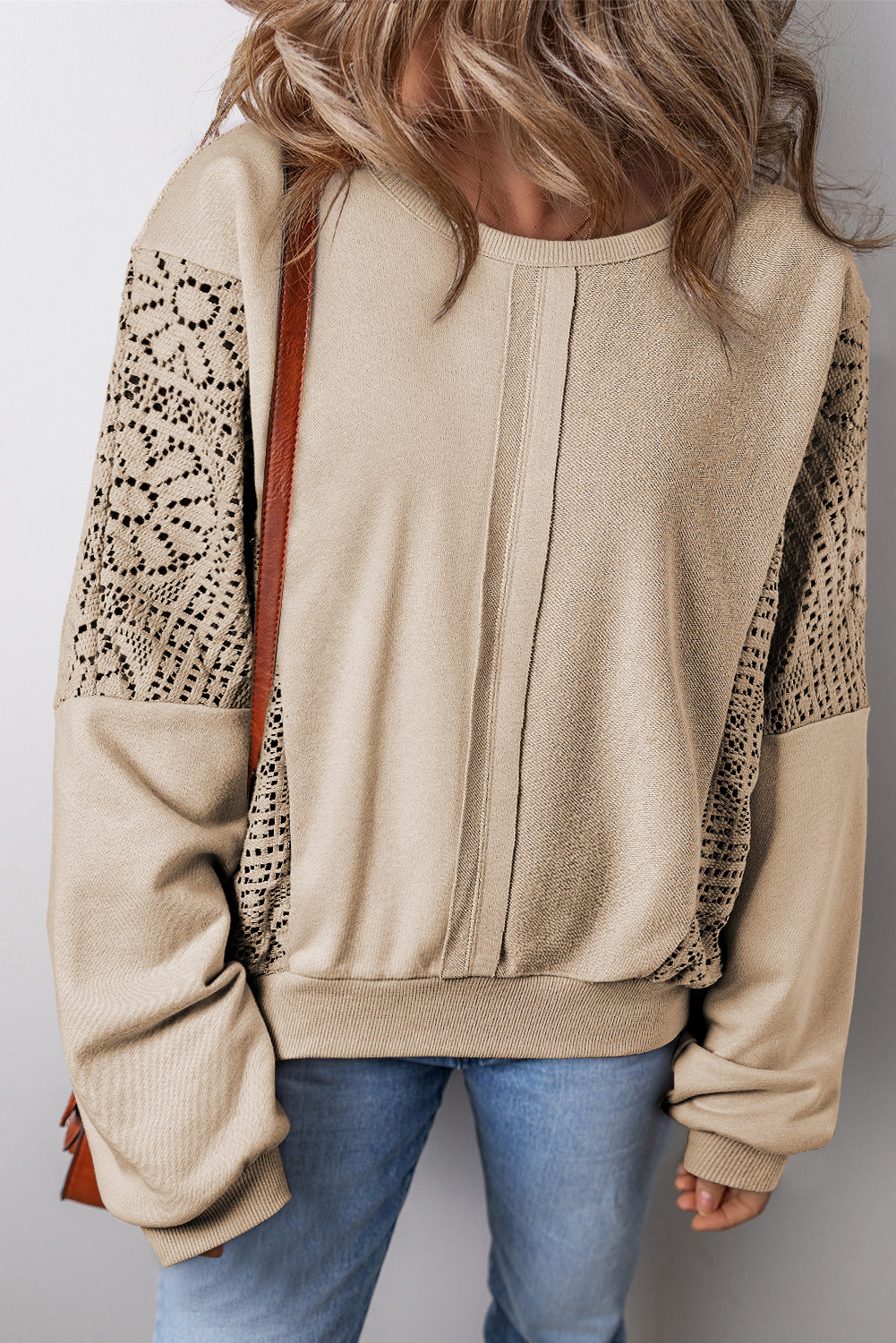 Knit Crochet Exposed Seam Ribbed Trim Sweatshirt eAura