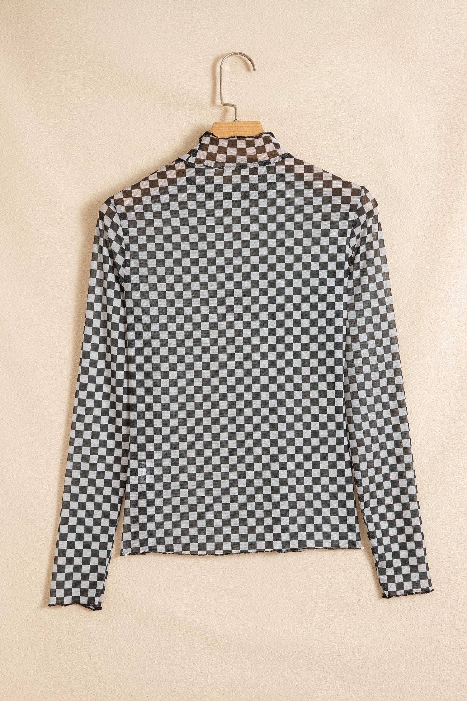 Plaid Stand Neck Long Sleeve Mesh Top – Black