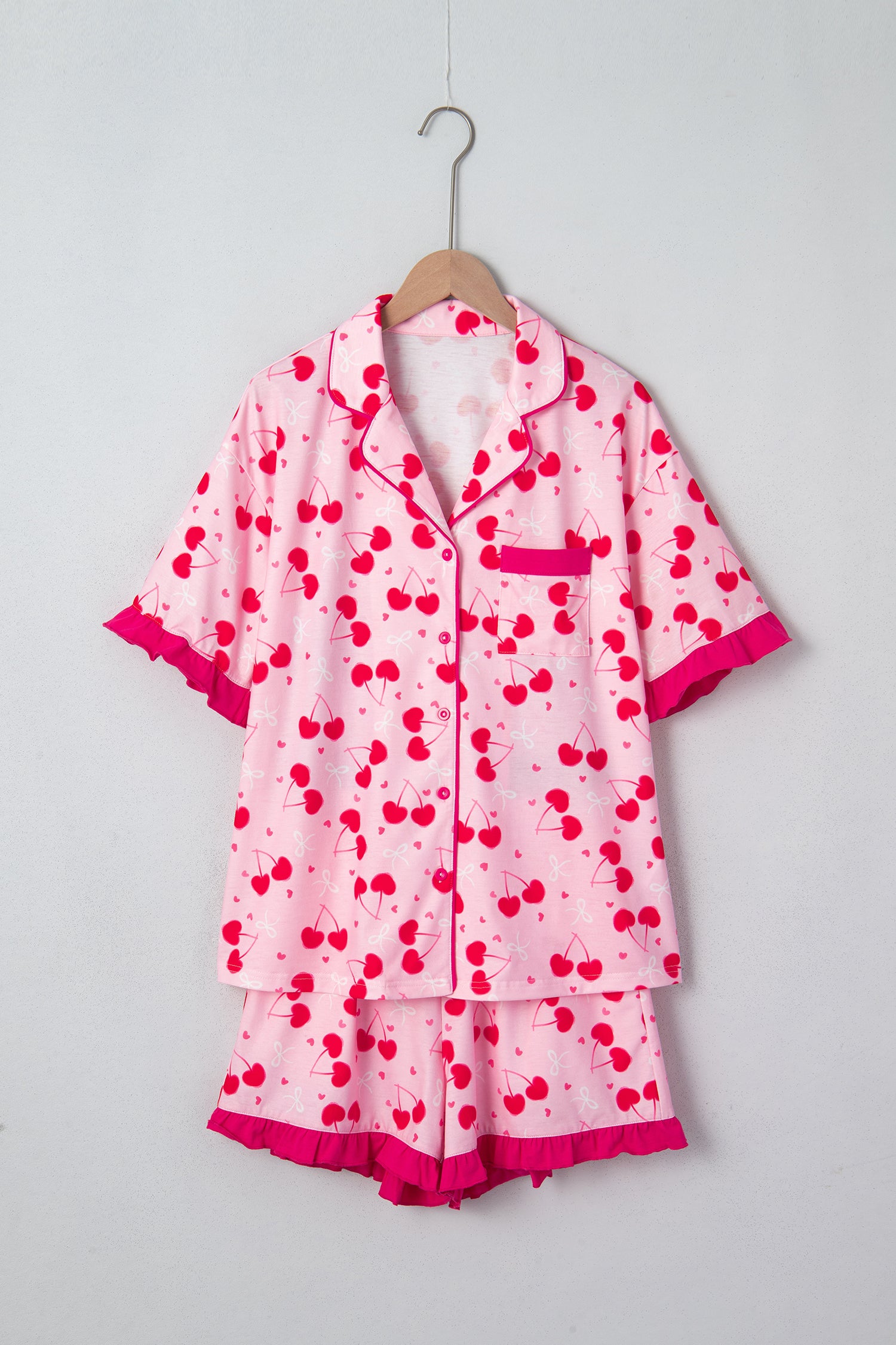 Cherry Bow Mixed Print Scalloped Edge Short Pajama Set – Rose