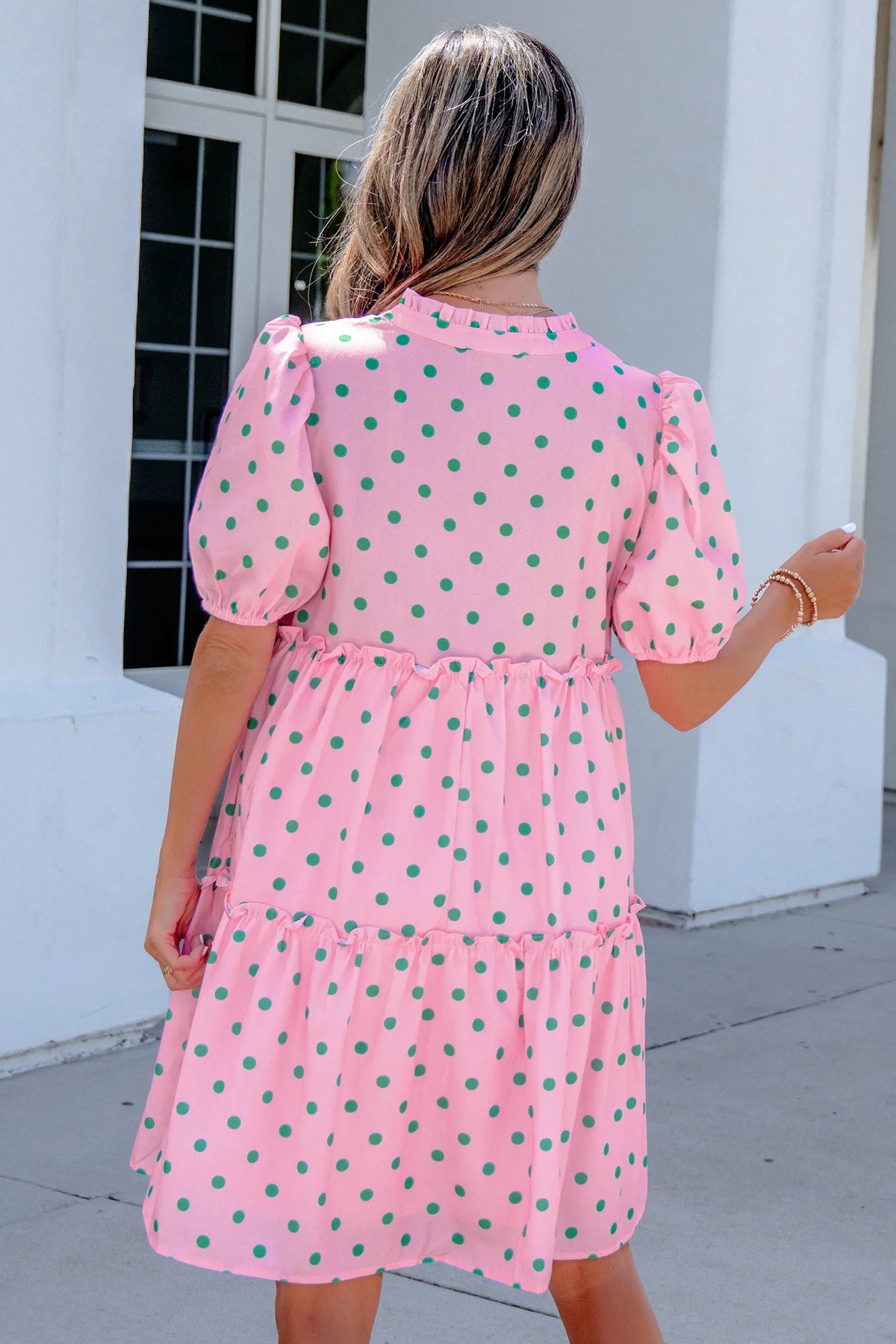 Polka Dot Print V Neck Short Sleeve Tiered Mini Dress – Pink