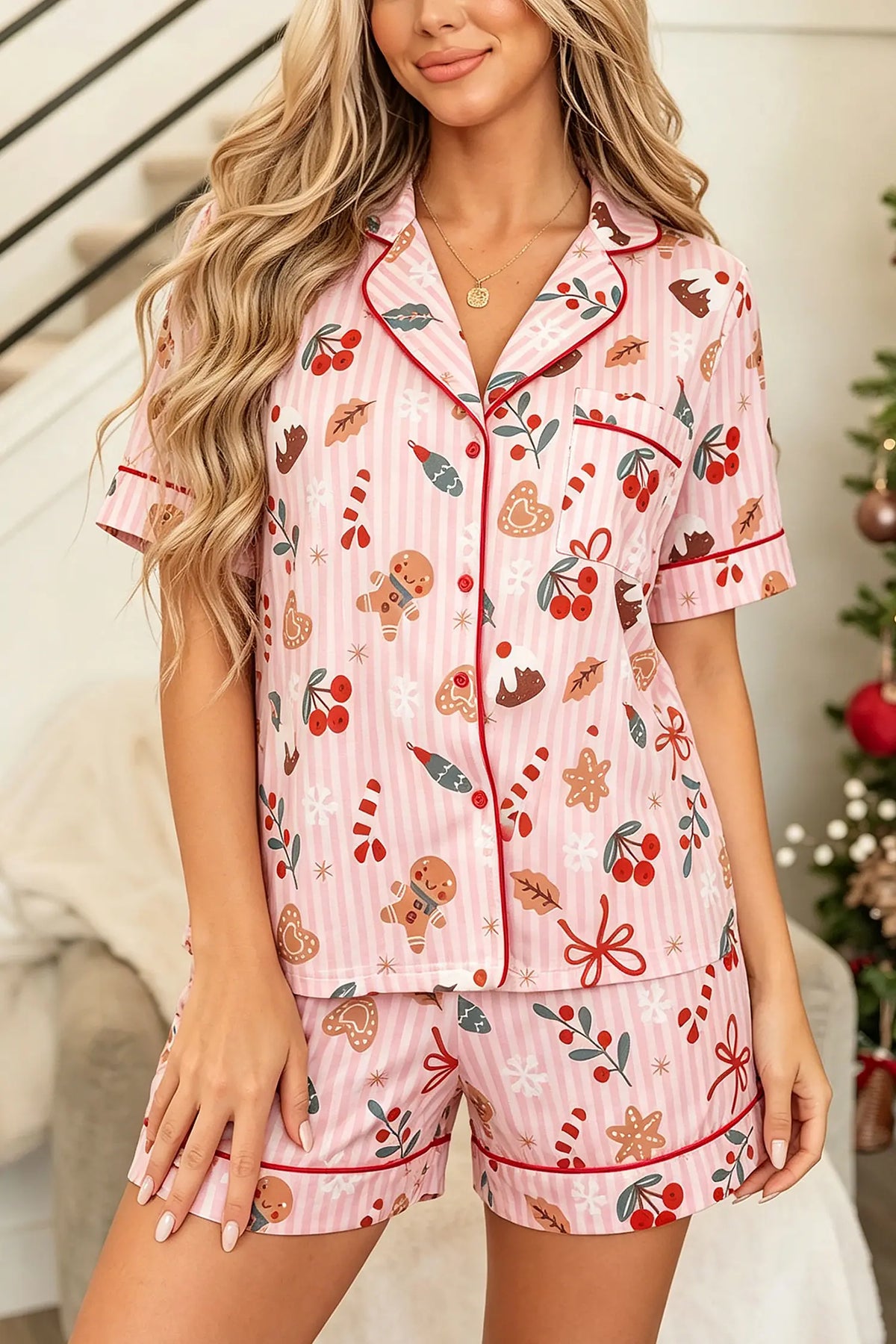 Short Sleeve Two Piece Lounge Set with Abstract Christmas Print
