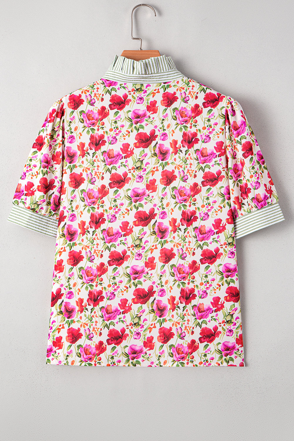 Red Floral Print Striped Patchwork Collared Short Sleeve Blouse eAura