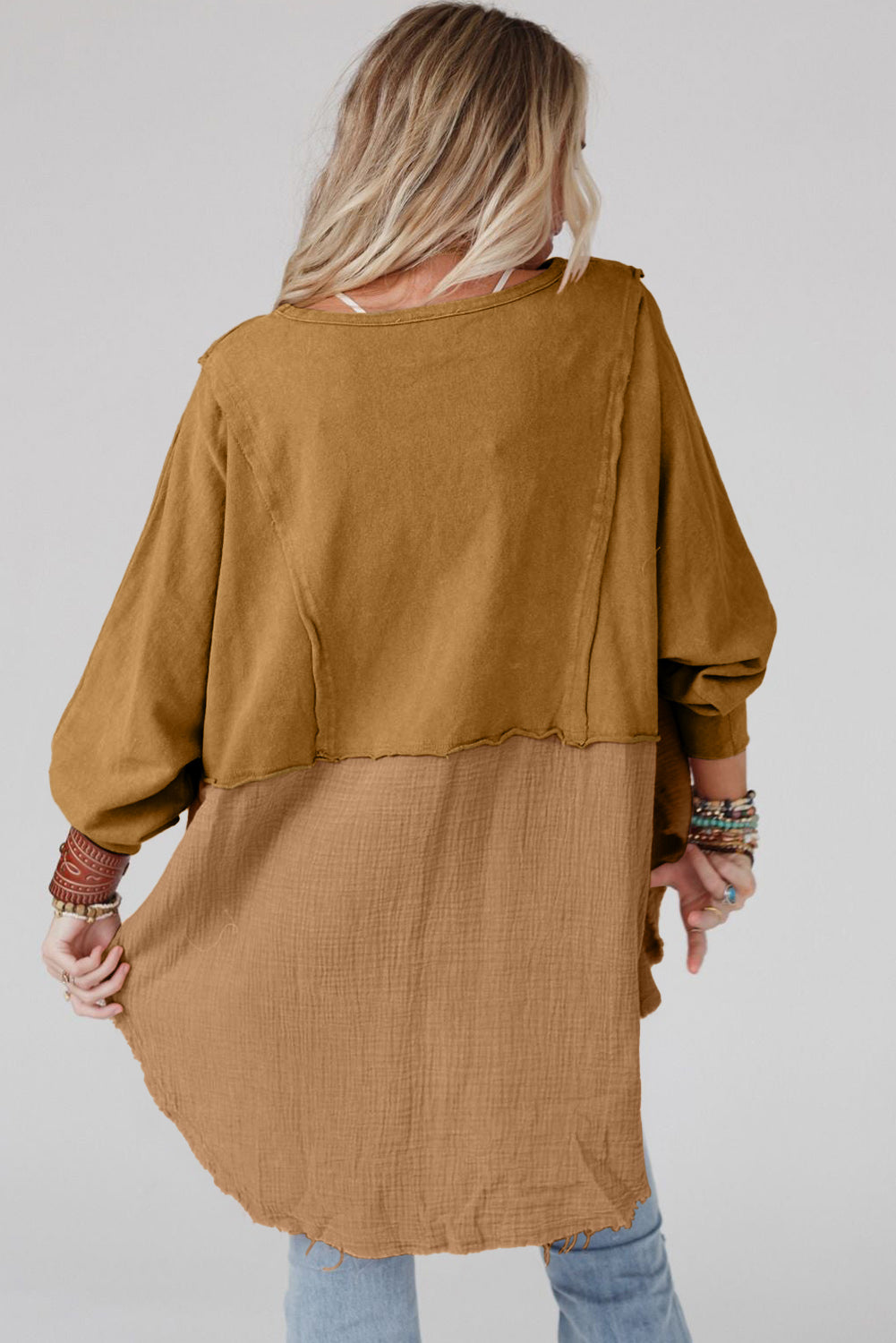 Camel Crinkle Splicing Raw Hem High Low Oversized Blouse eAura