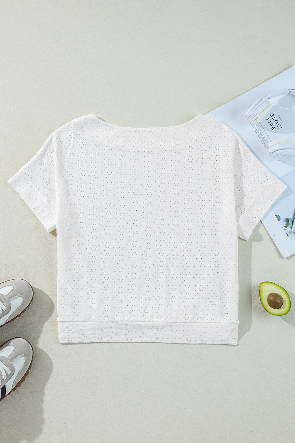 White Eyelet Pattern Boat Neck Casual Tee eAura