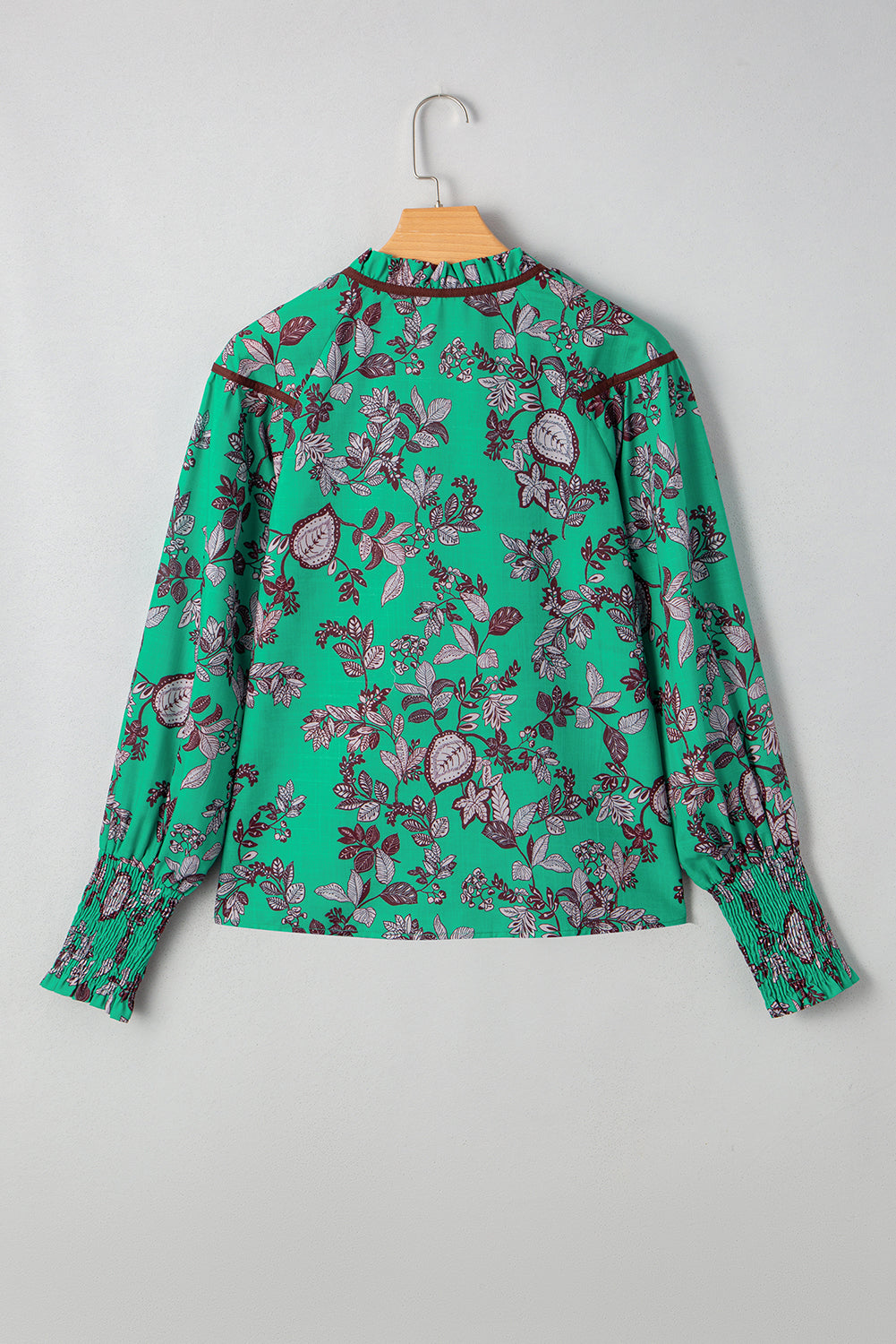 Leaf Print Contrast Trim V-Neck Shirred Puff Sleeve Blouse - eAura