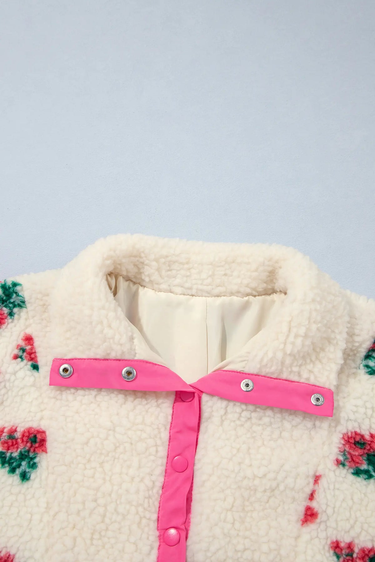 White Floral Print Fleece Contrast Trim Button Collar Sweatshirt