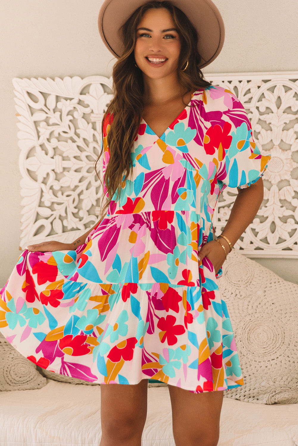 Rose Red Floral Bubble Sleeve V Neck Tiered Ruffle Babydoll Dress eAura