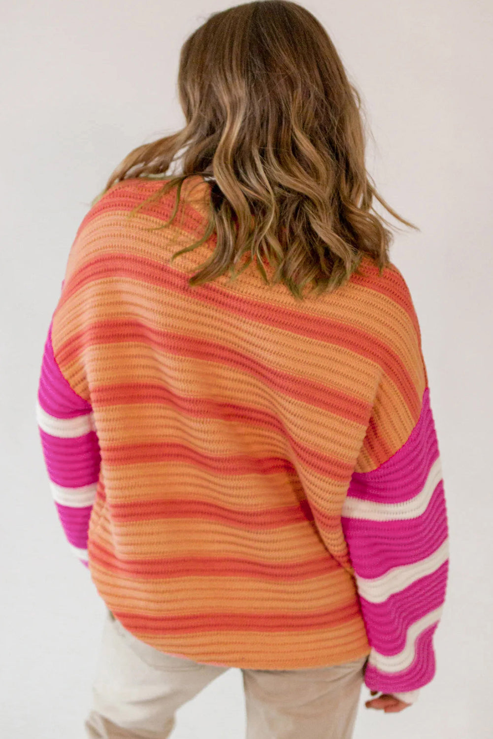 Orange Stripe Colourblock Crew Neck Drop Shoulder Loose Sweater eAura