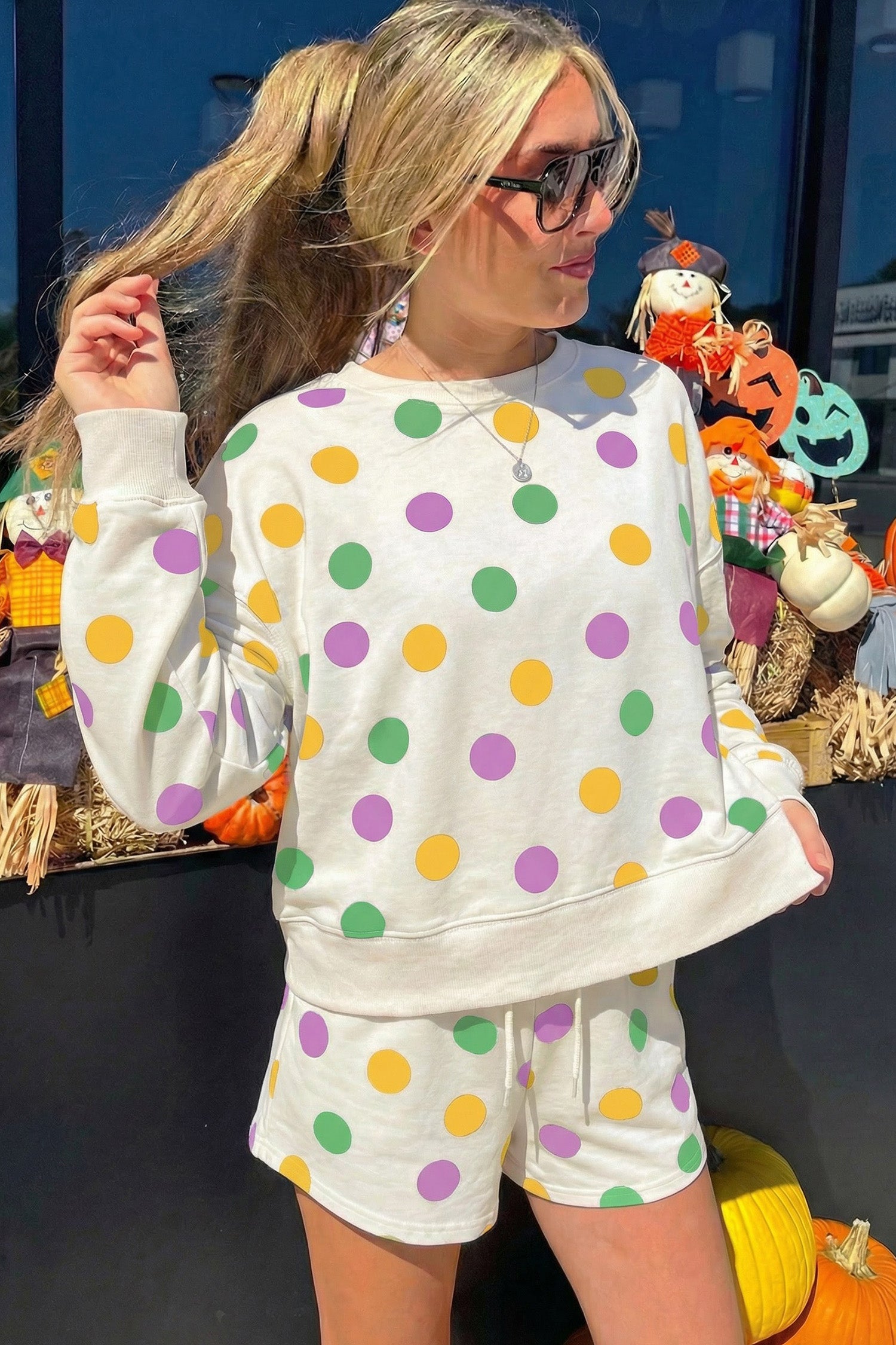 Polka Dot Print Drop Shoulder Pullover Drawstring Shorts Set