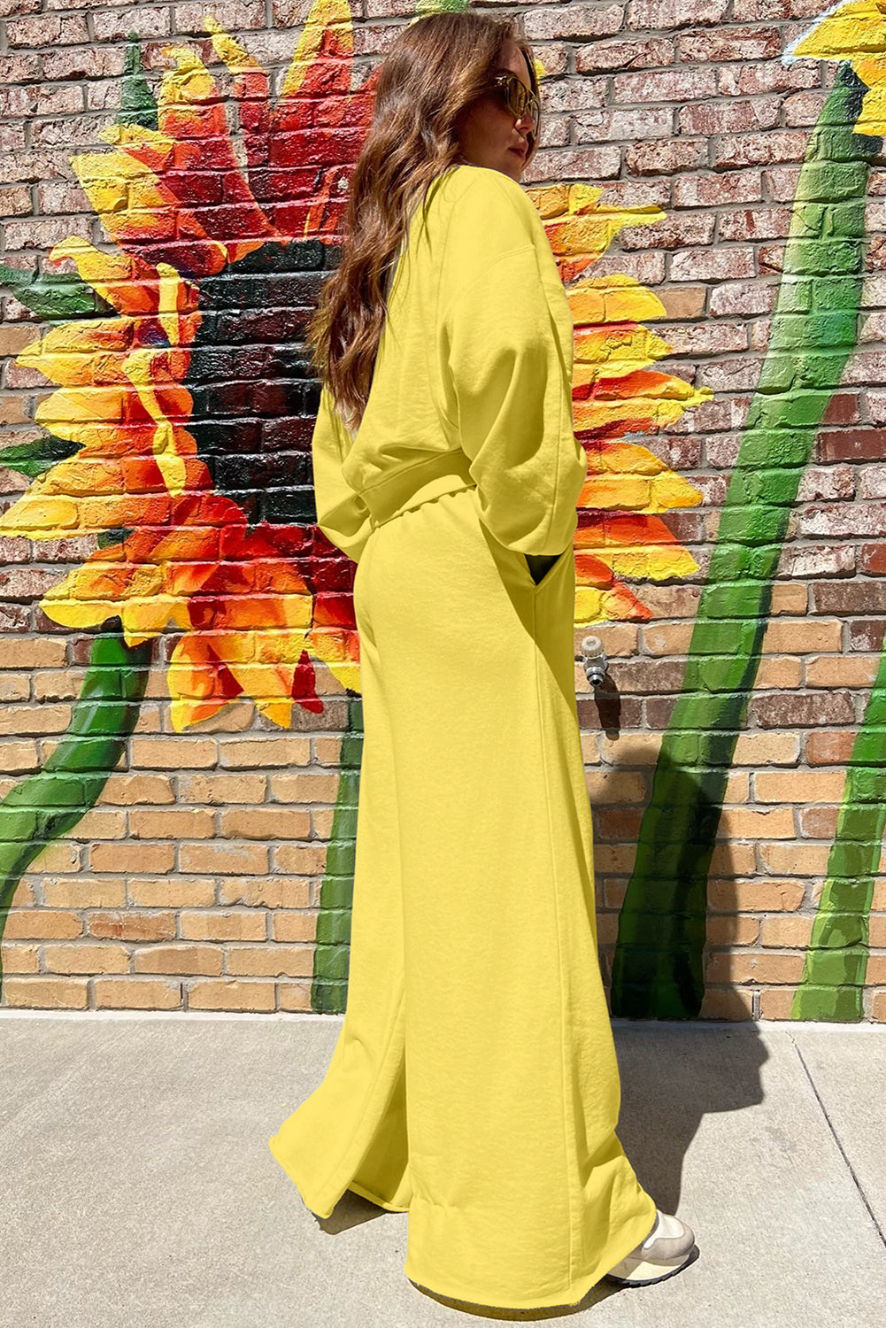 Yellow Cream Drop Shoulder Puff Sleeve Crop Pullover Drawstring Wide Leg Pants Set Dear-Lover Dropshipping
