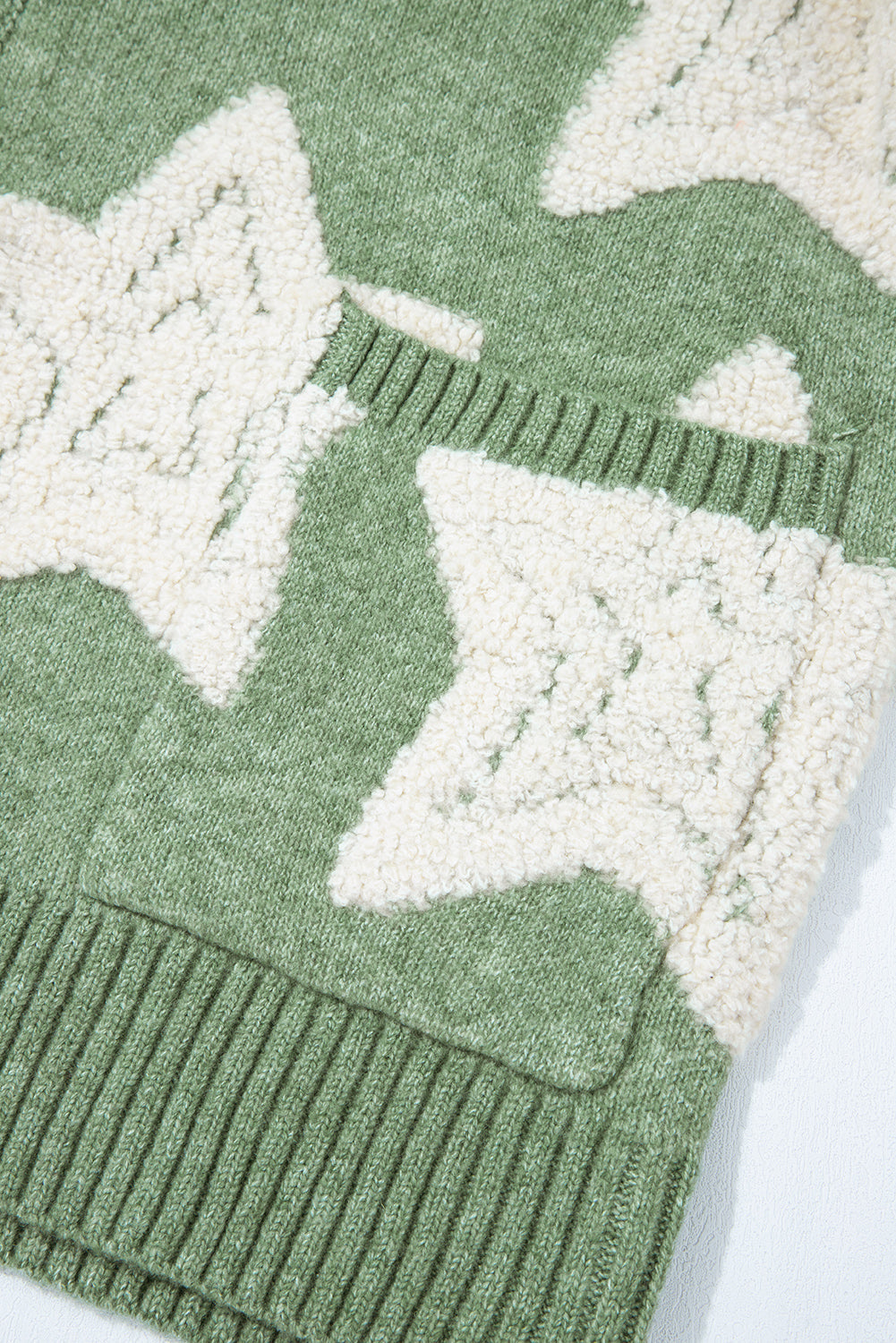 Green Sherpa Star Pattern Textured Sweater Cardigan with Pockets eAura