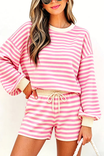 Striped Long Sleeve Crew Neck Drawstring Waist Shorts Set – Pink