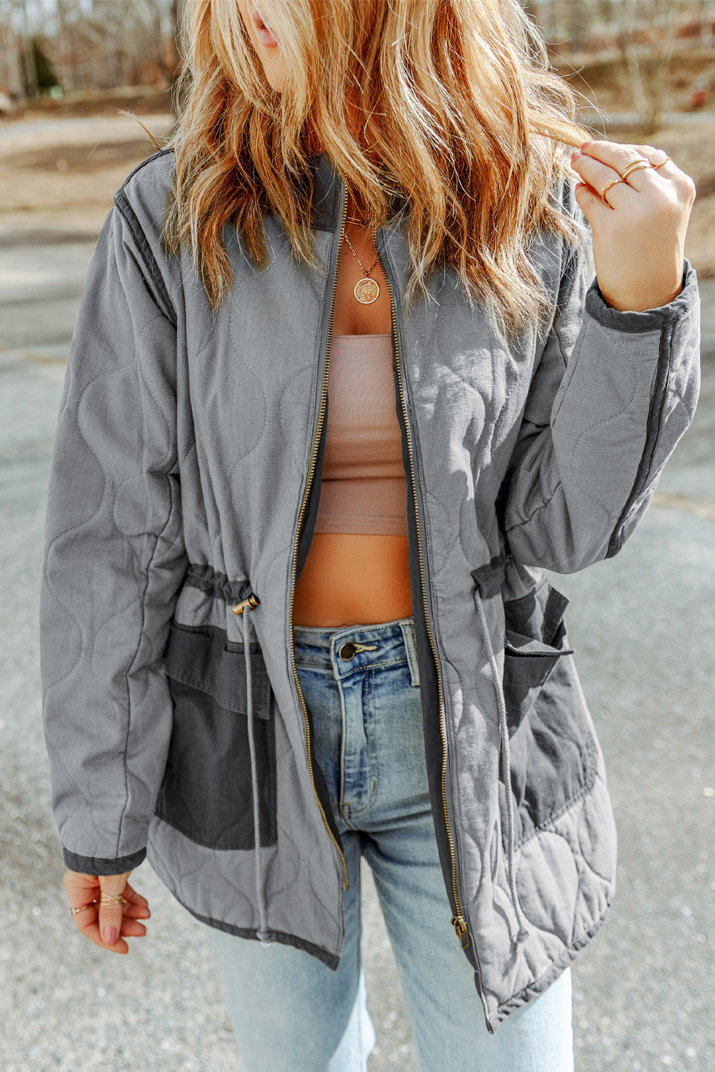 Grey Stitching Quilted Drawstring Jacket Beagle Boutique Fashion Outlet