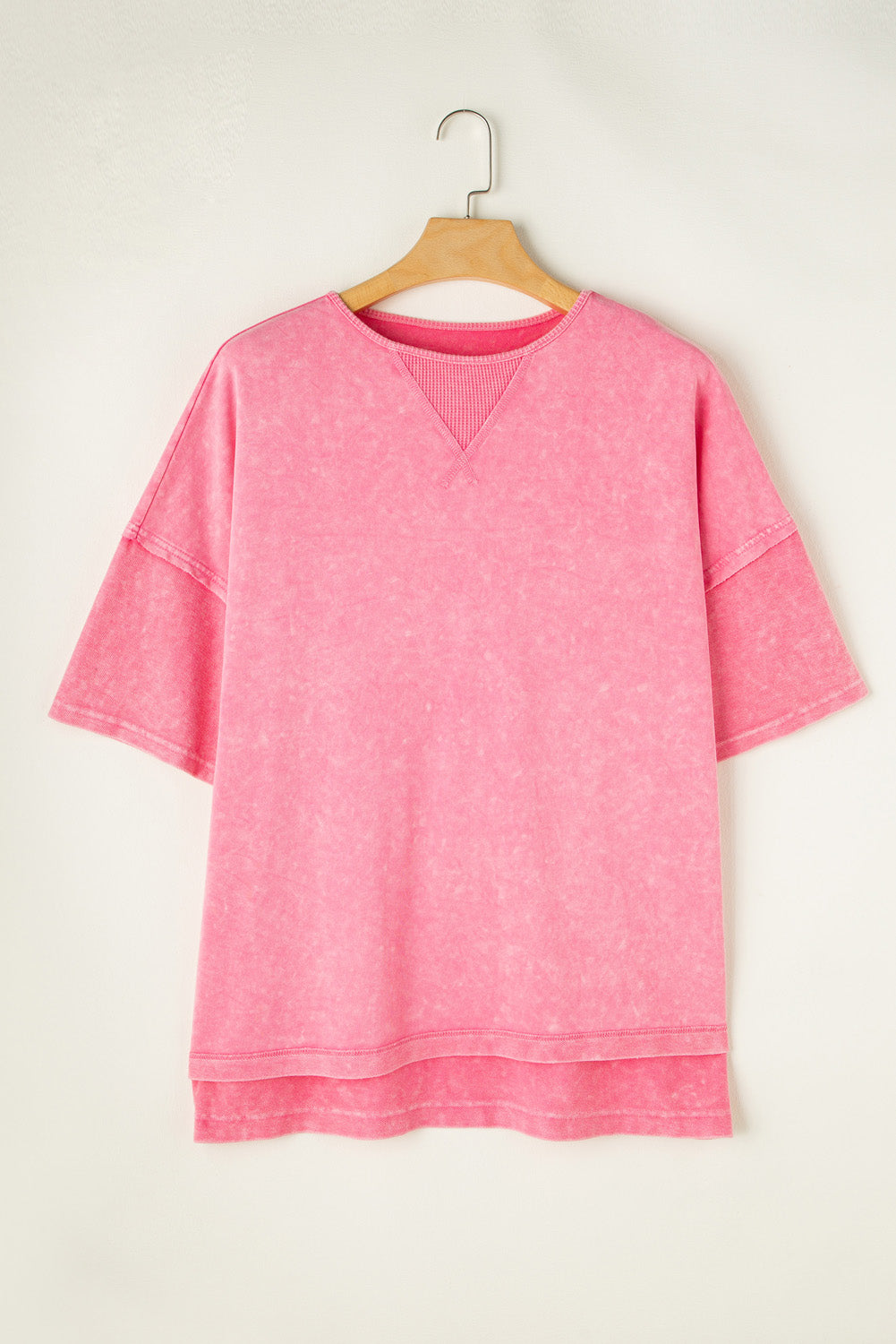 Strawberry Pink Mineral Wash Drop Sleeve Patchwork Plus Tee BB Fashion Outlet
