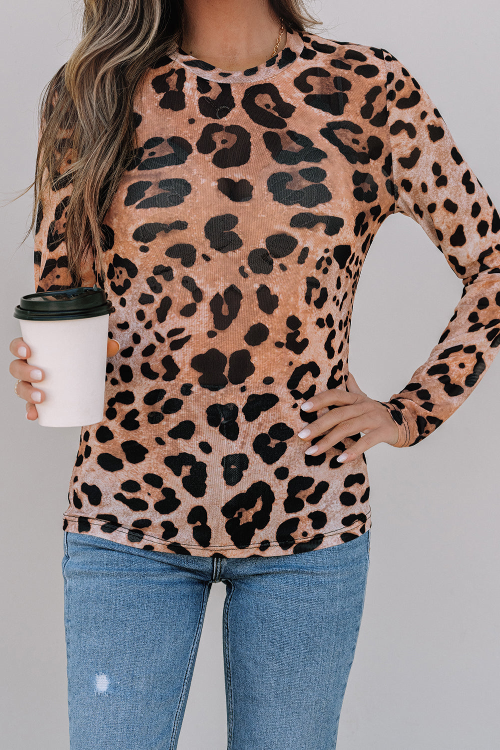 Brown Leopard Round Neck Long Sleeve Slim Top eAura