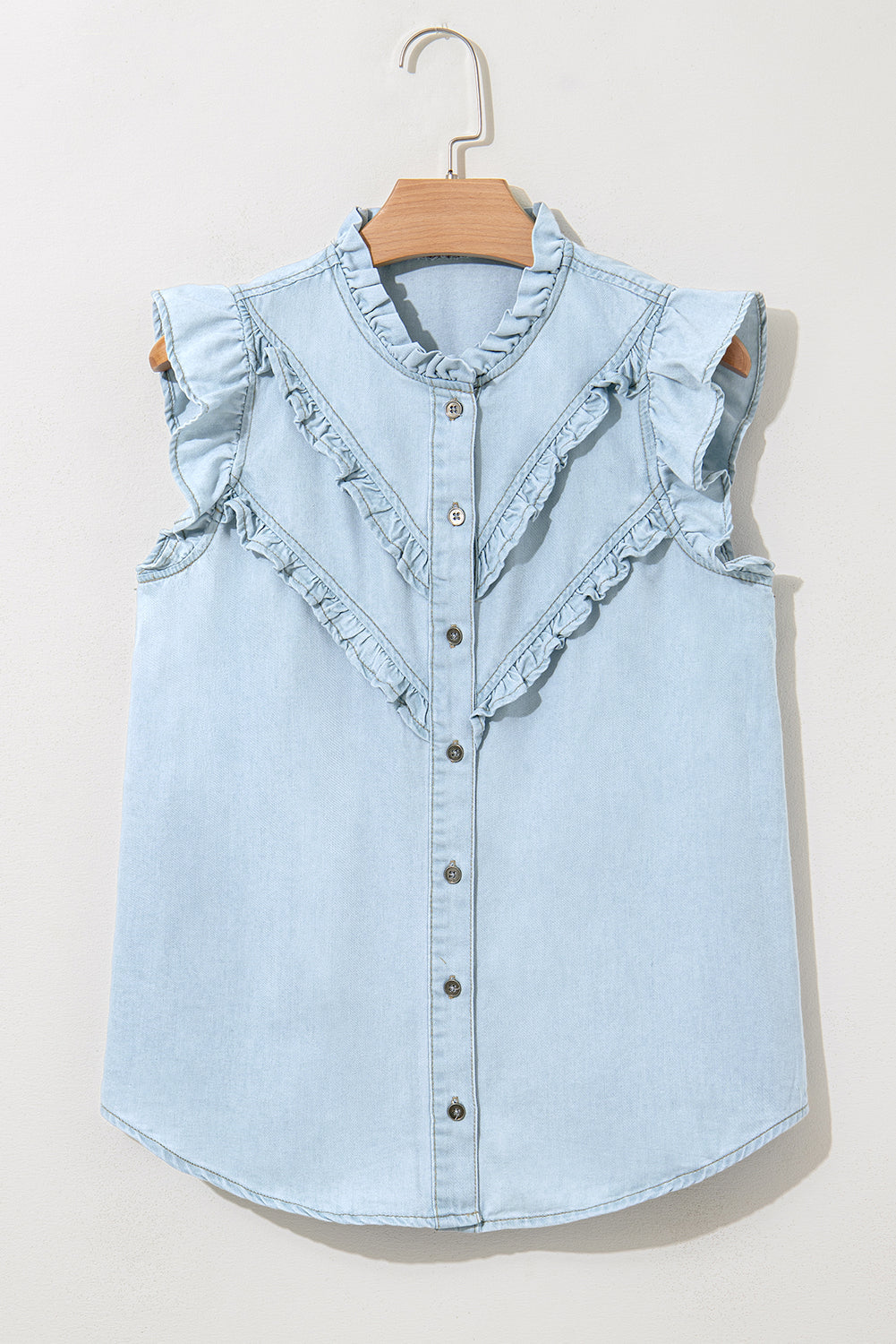 Beau Blue Mineral Wash Cap Sleeve Frilled Button Up Denim Shirt eAura
