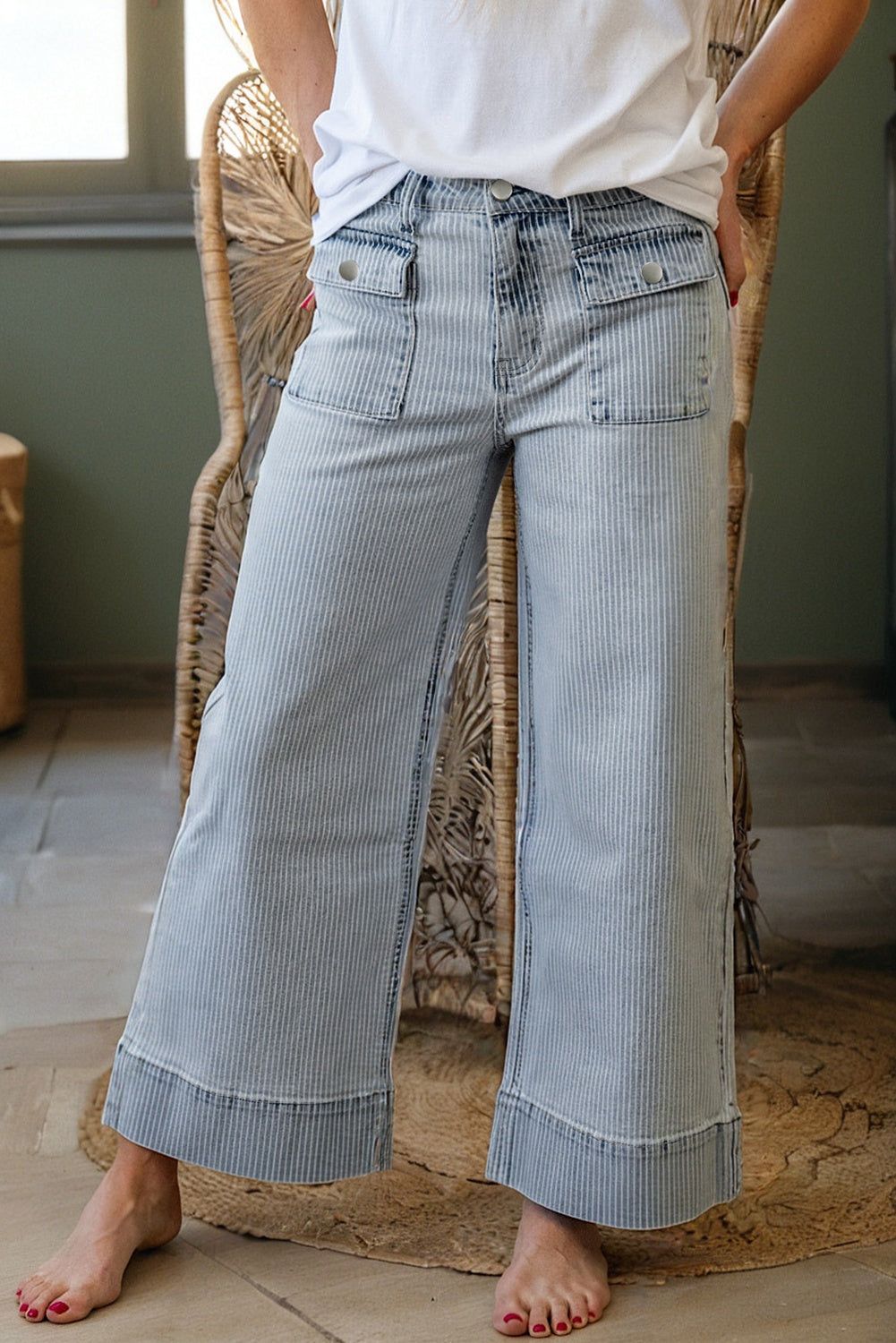 Stripe Button Flap Pocket Cuffed Hem Wide Leg Jeans - eAura