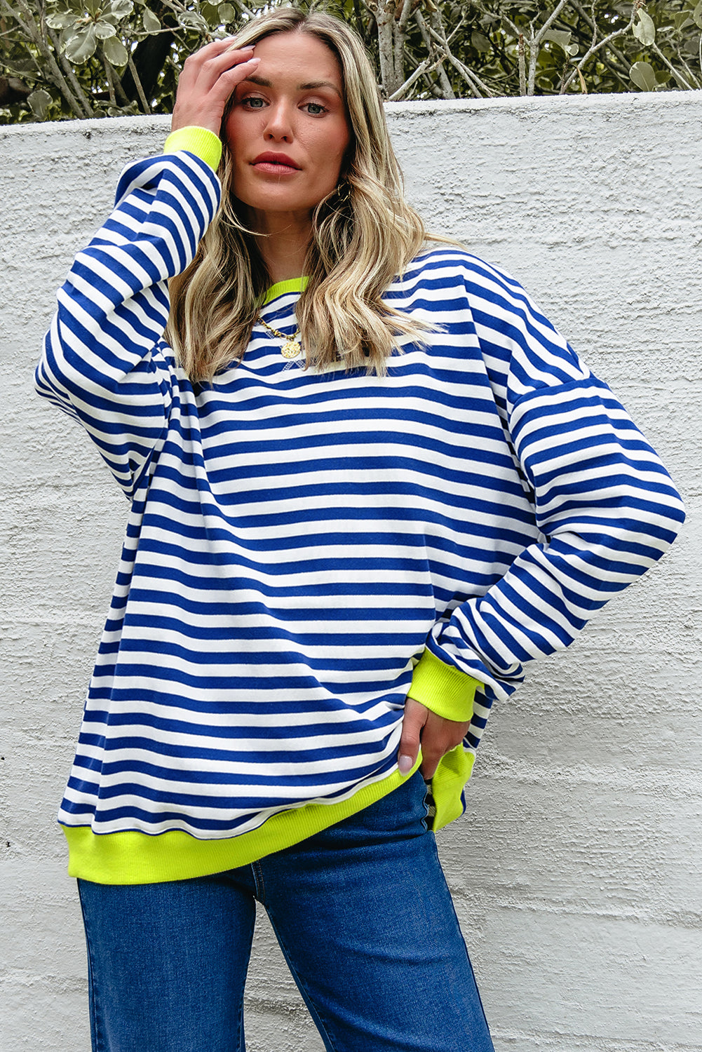 Striped Contrast Ribbed Trim Crossed Stitch Drop Shoulder Sweatshirt - eAura