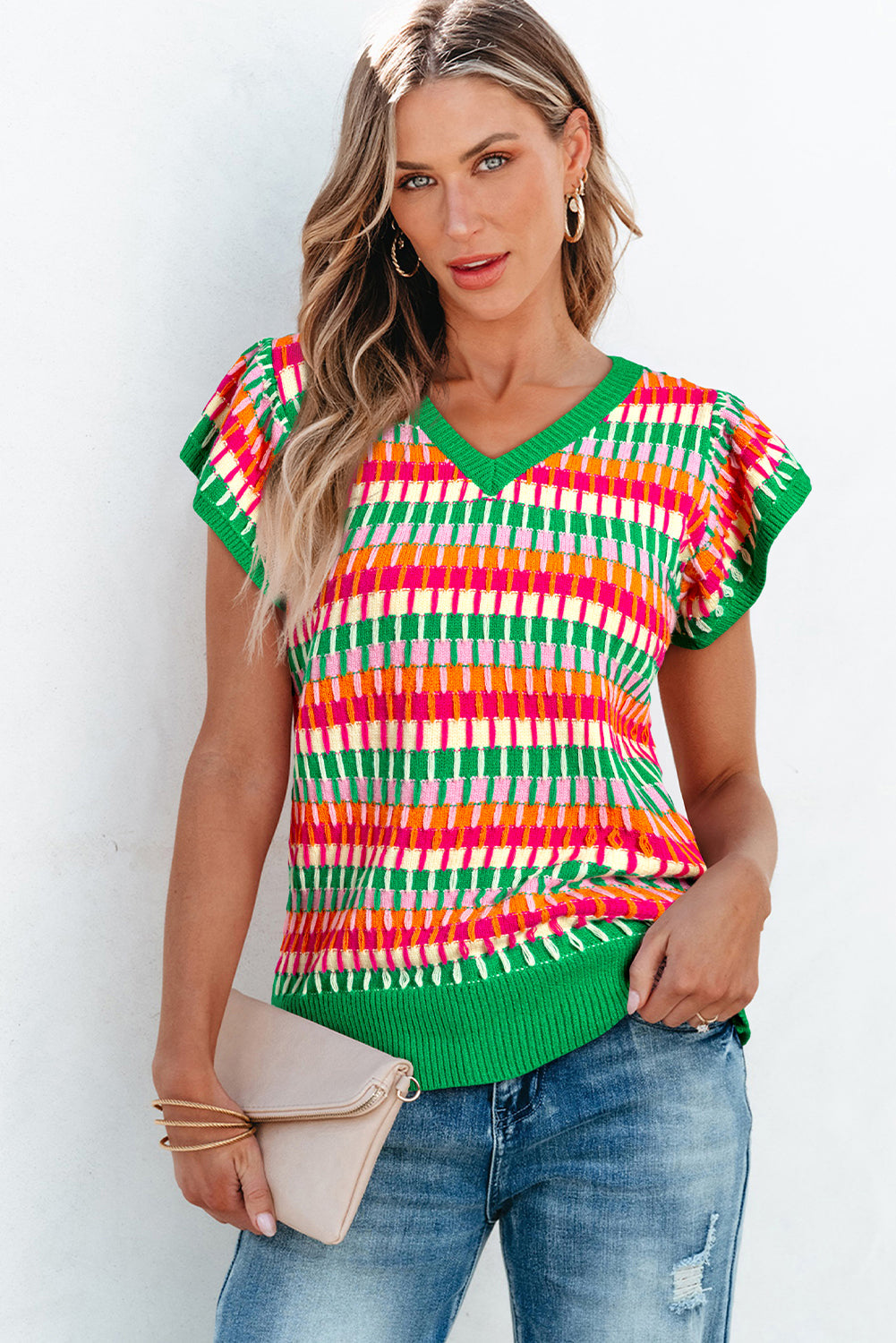 Green Multi Flutter Sleeve Knitted Sweater Top eAura