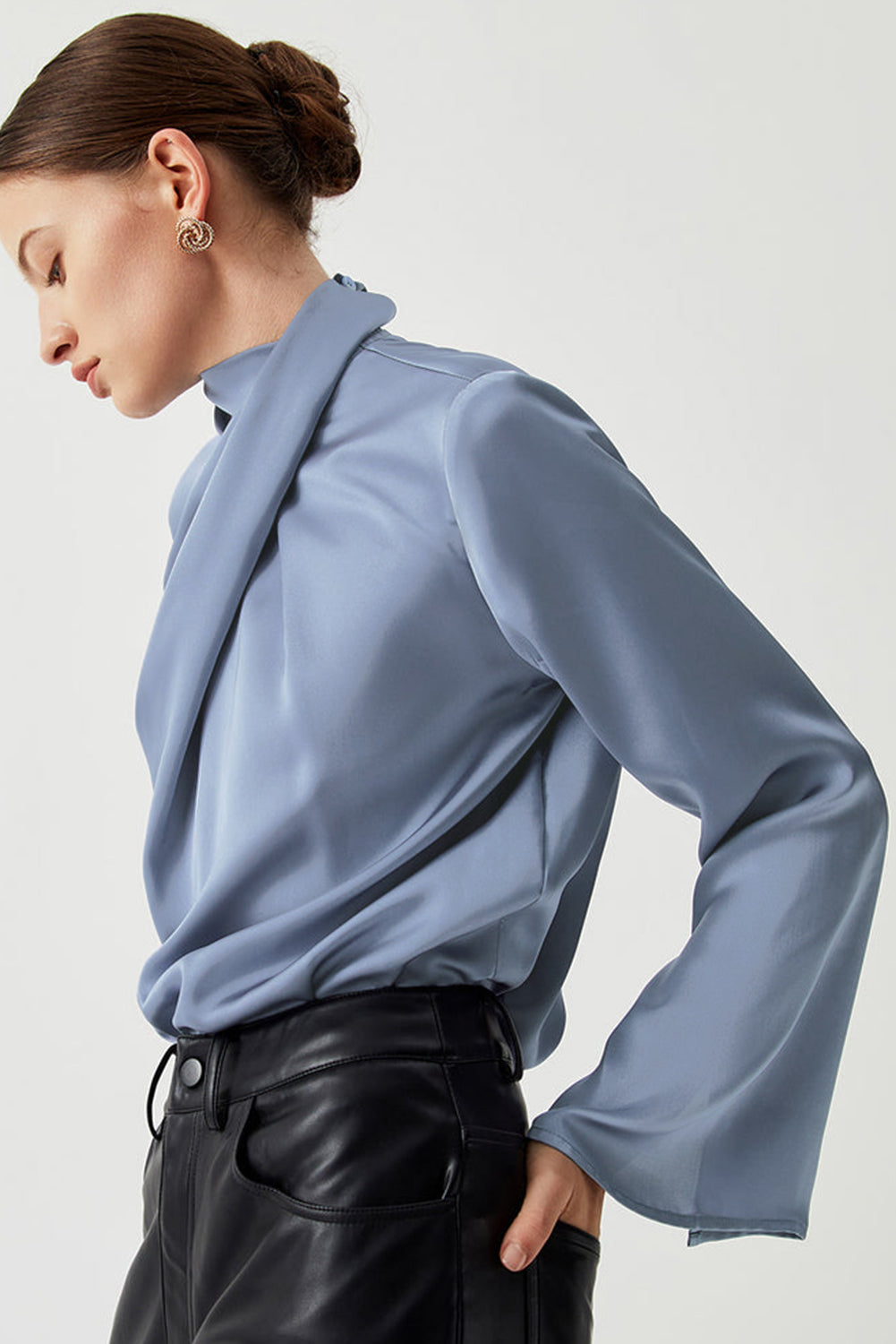Ivy Asymmetric Pleated Turtleneck Bell Sleeve Blouse eAura