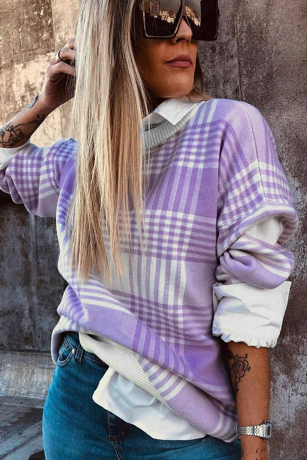Lilac Plaid Print Ribbed Trim Loose Sweater eAura