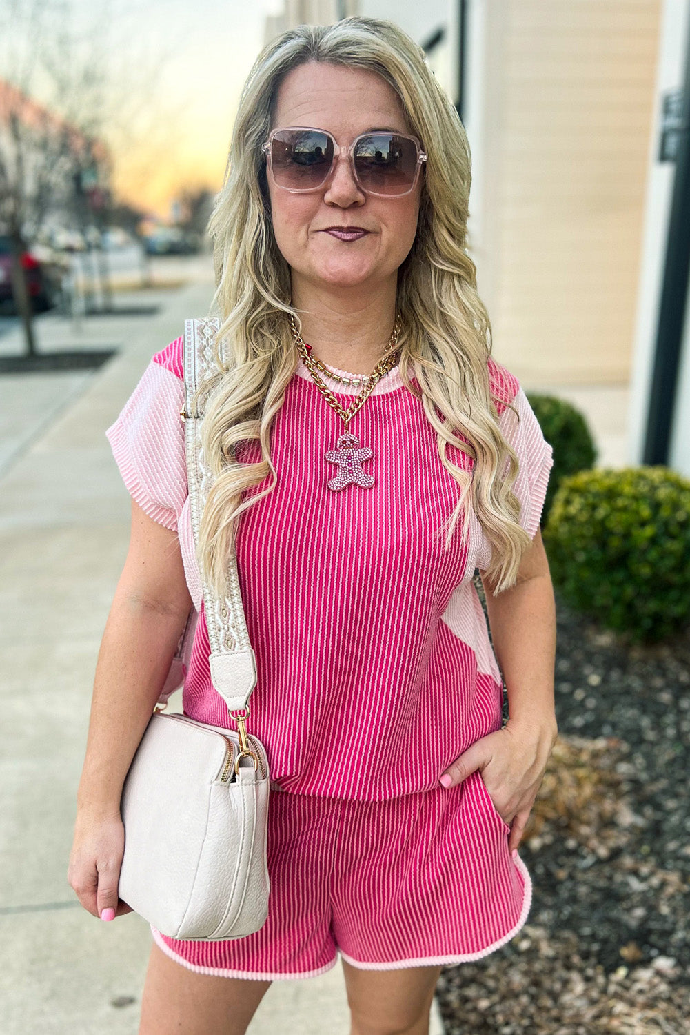 Rose Red Rib Texture Short and Top Co-ord Set eAura