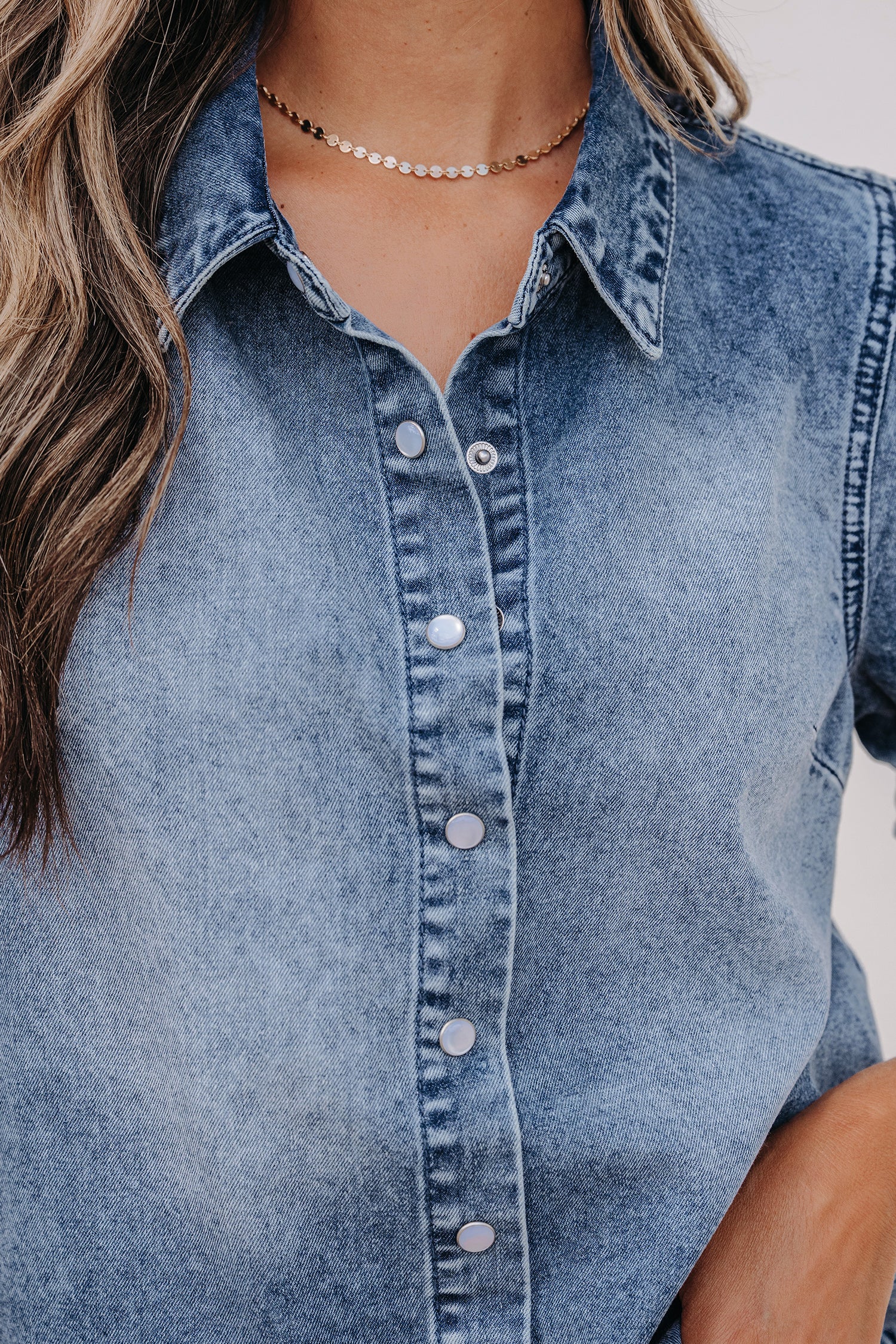 Frilled Short Sleeve Snap Button Denim Shirt
