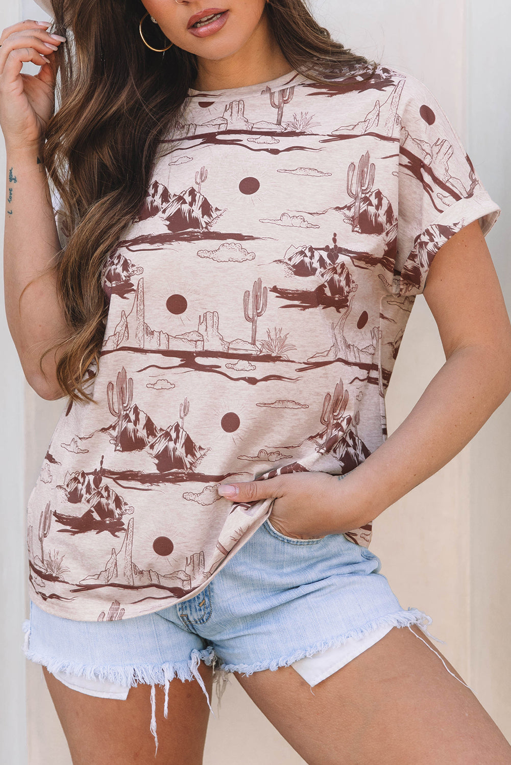 Brown Desert Sand Print Short Sleeve Knit Top eAura