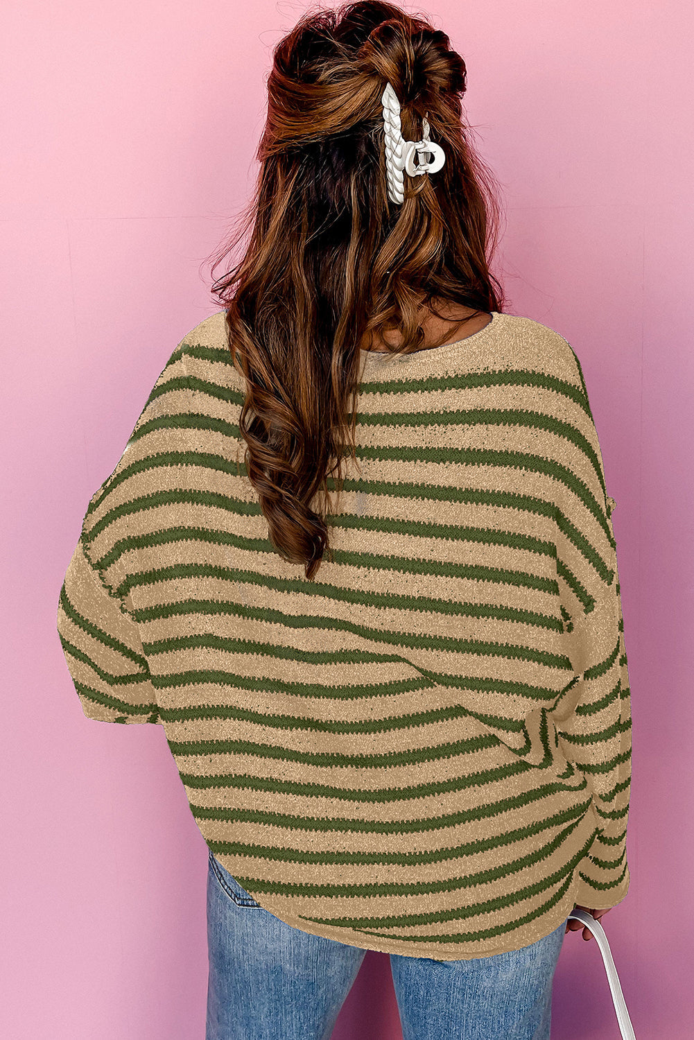 Khaki Stripe Drop Shoulder Casual Sweater eAura