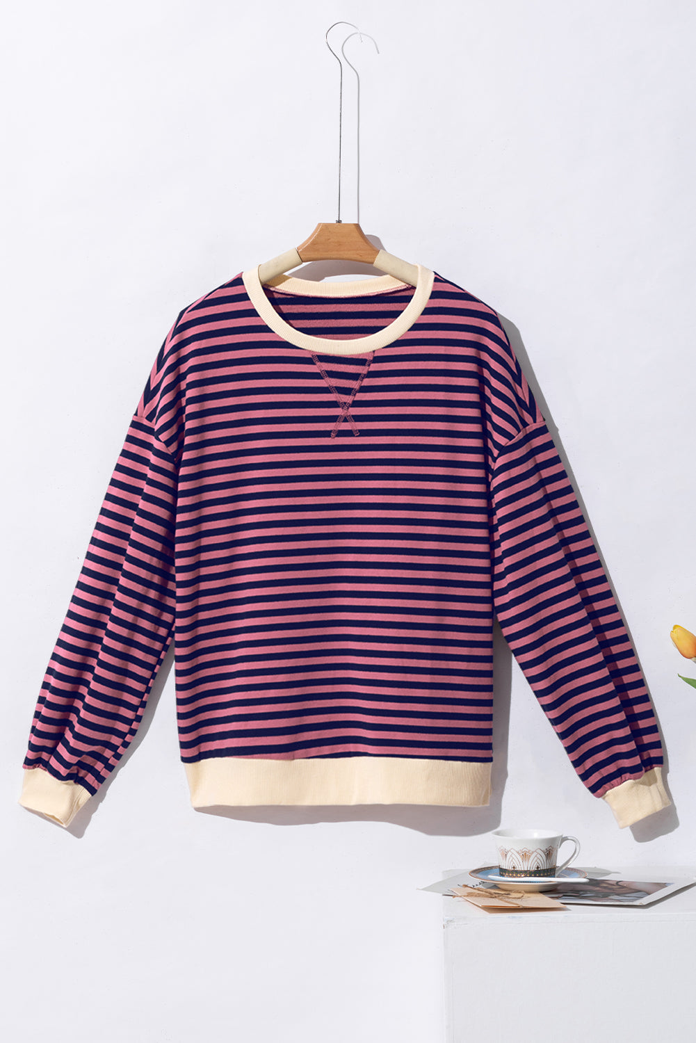 Sky Blue Stripe Oversized Contrast Trim Pullover Sweatshirt BB Fashion Outlet