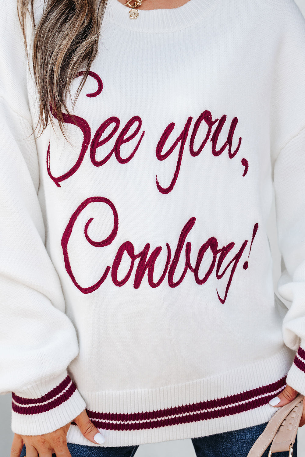 White See You Cowboy Embroidered Western Graphic Sweater eAura