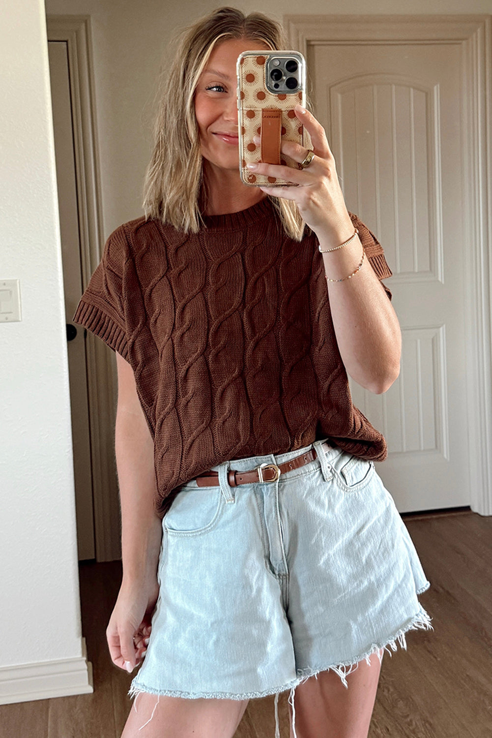 Cable Texture Crew Neck Short Sleeve Sweater Top